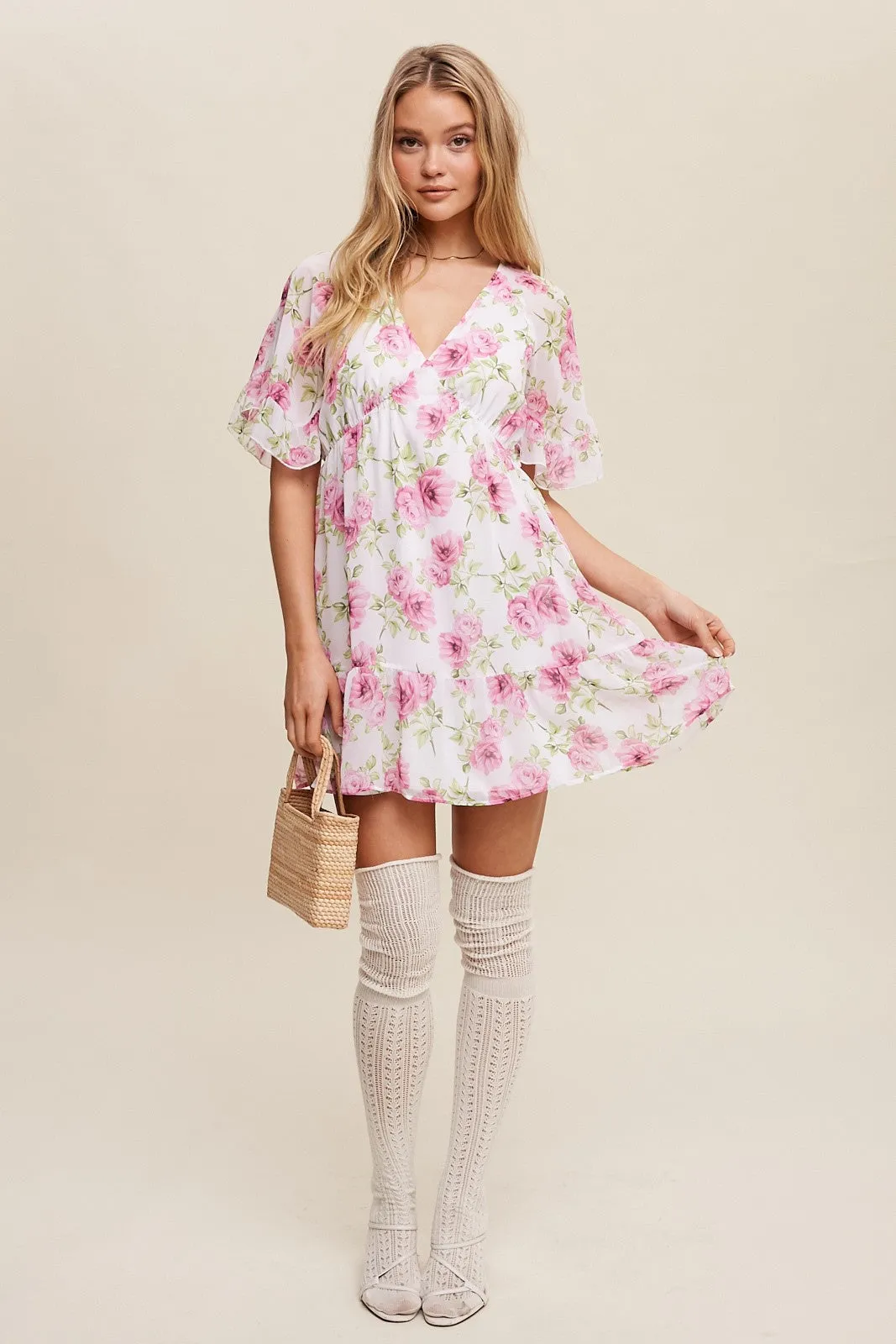Cream Floral Print V-Neck Ruffled Mini Dress sold by Pinkblush product image thumbnail 4