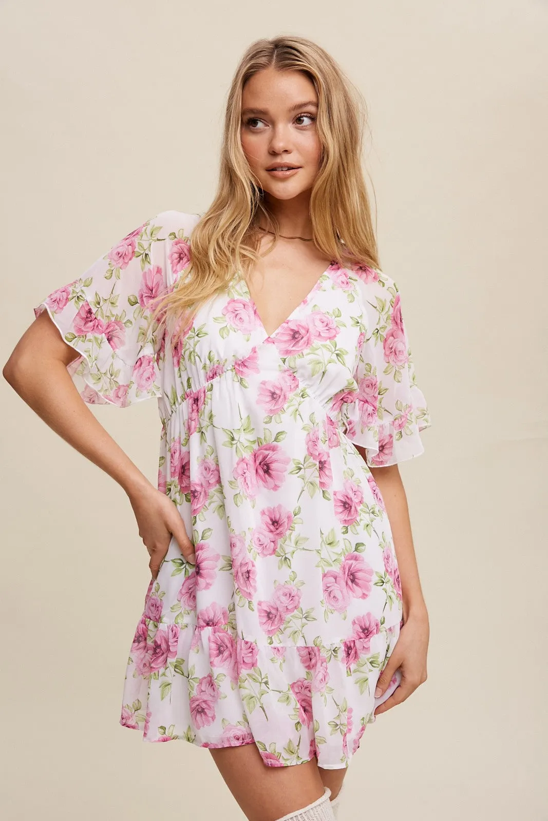 Cream Floral Print V-Neck Ruffled Mini Dress sold by Pinkblush