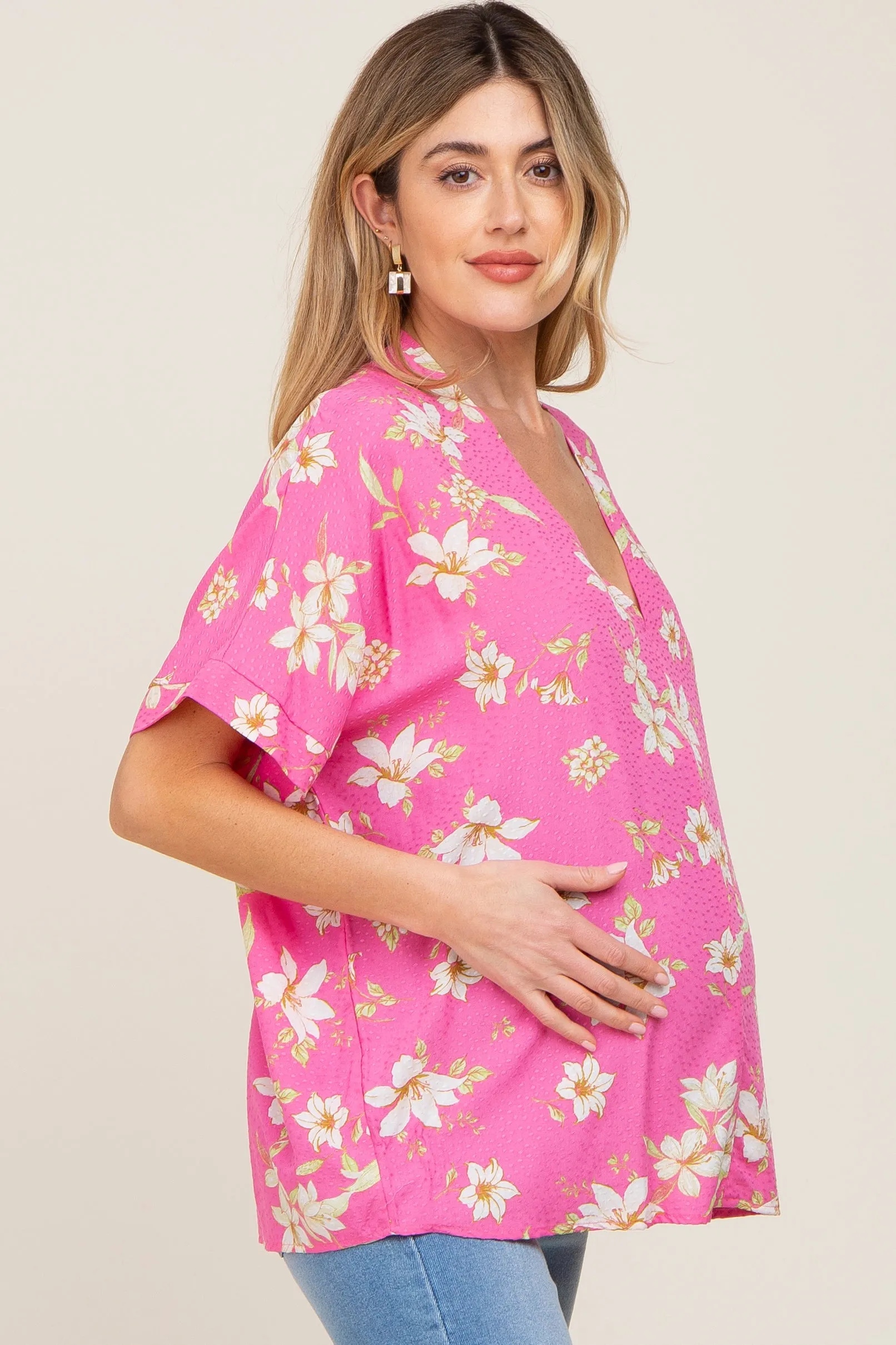 Fuchsia Floral Swiss Dot V-Neck Maternity Top sold by Pinkblush product image thumbnail 2