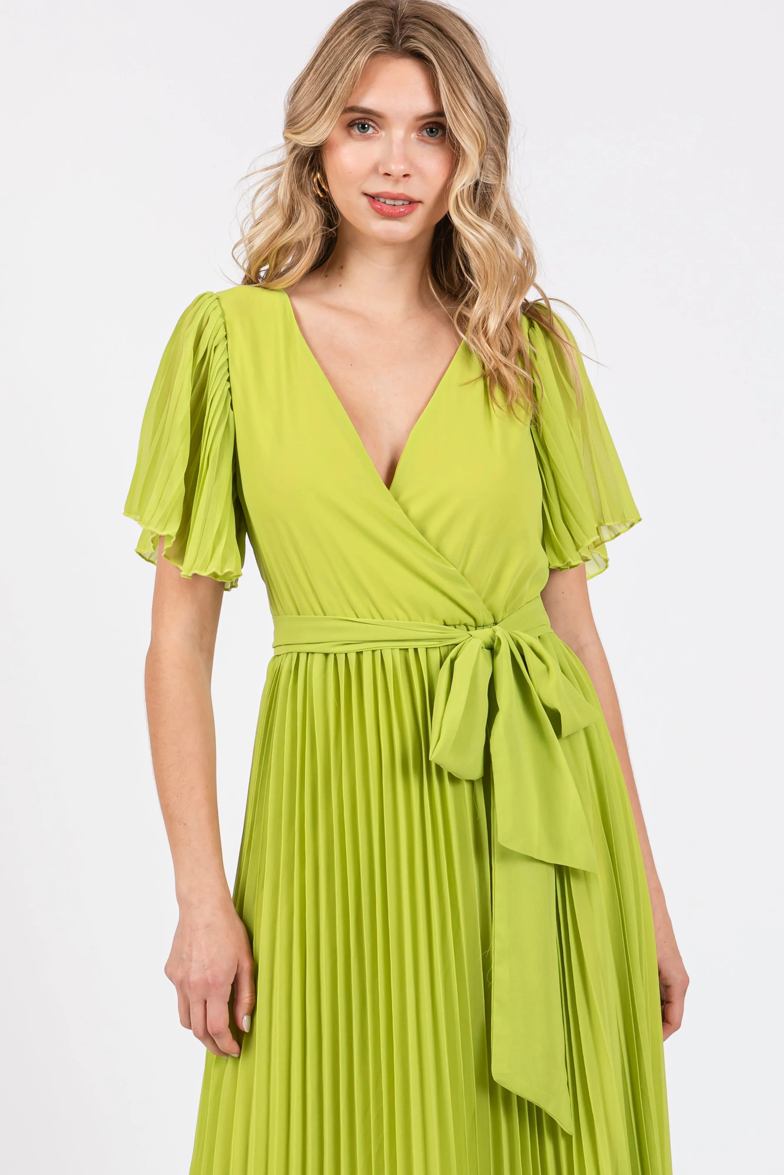 Lime Chiffon Wrap Front V-Neck Short Sleeve Pleated Maxi Dress sold by Pinkblush product image thumbnail 4
