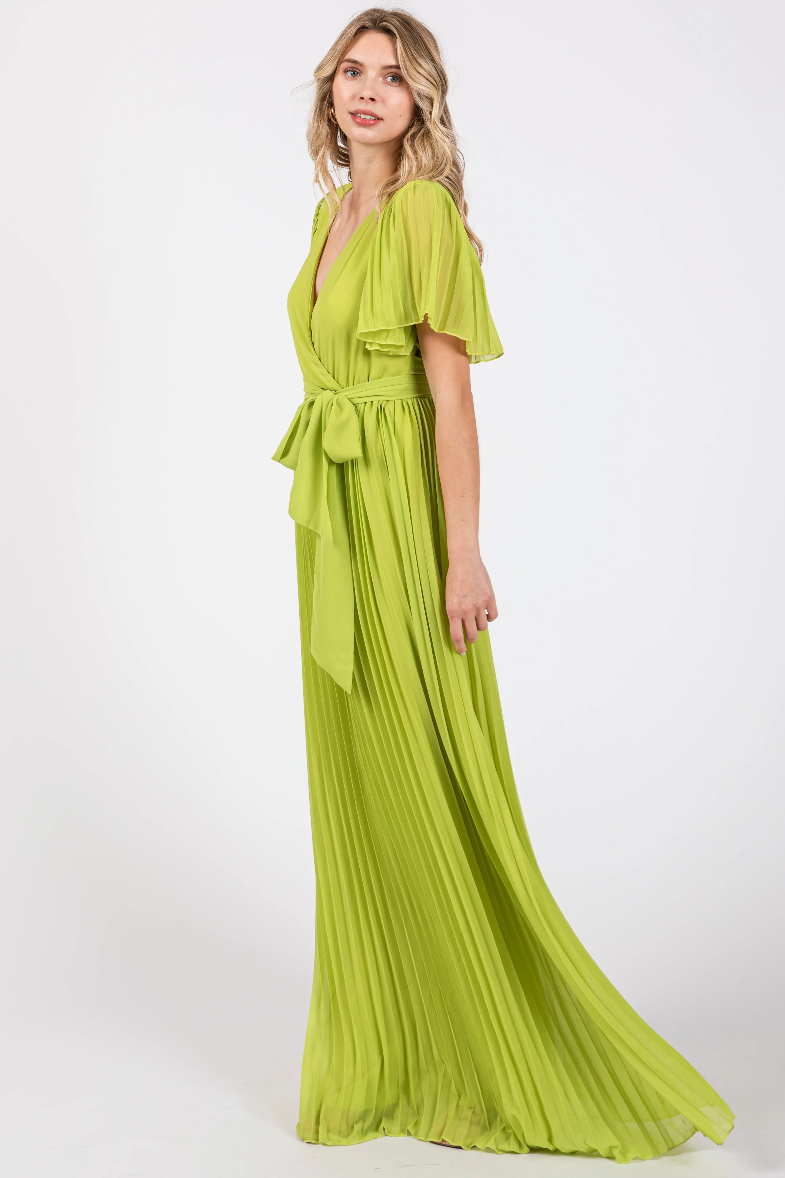 Lime Chiffon Wrap Front V-Neck Short Sleeve Pleated Maxi Dress sold by Pinkblush product image thumbnail 2