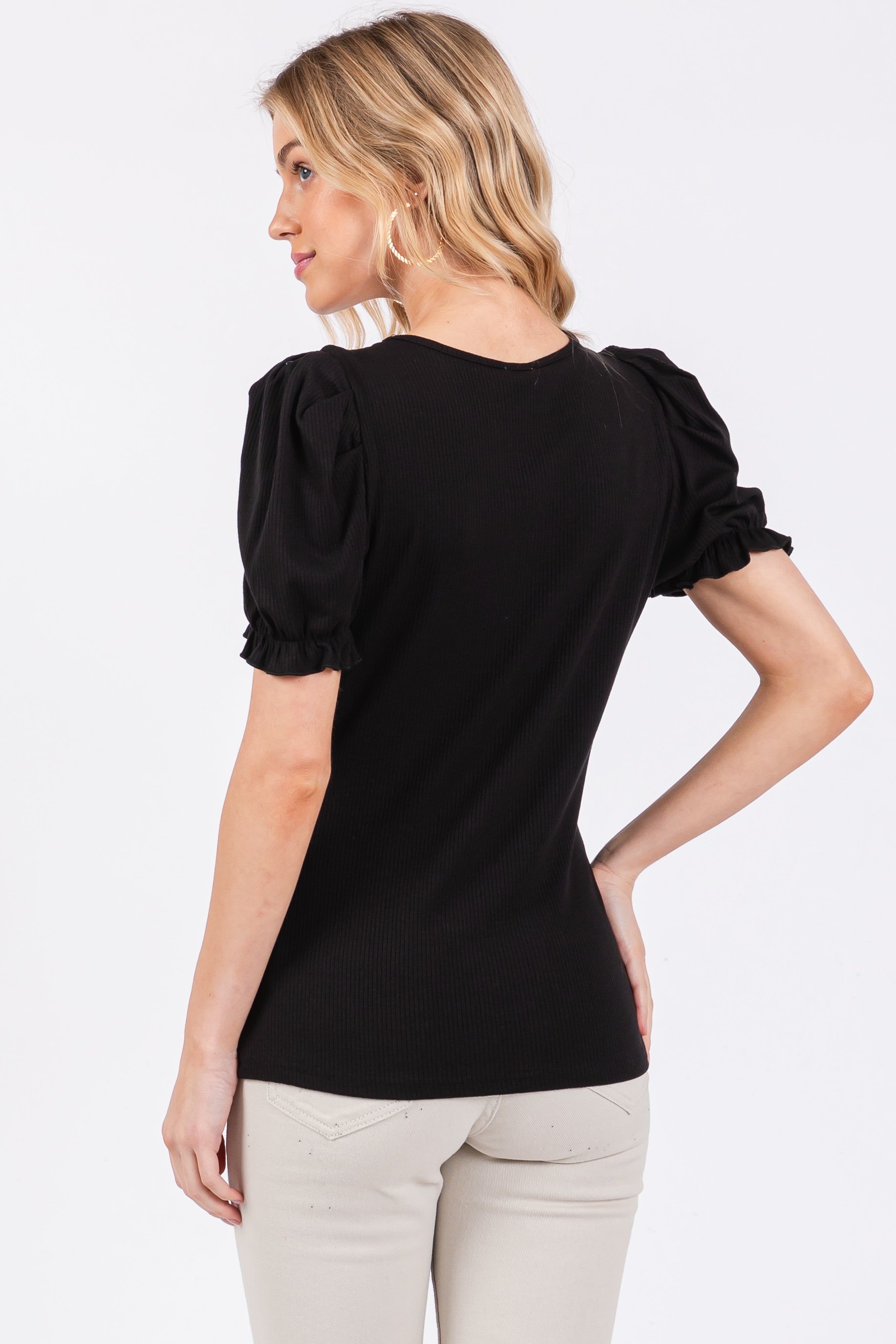 Black Ribbed Puff Sleeve Top sold by Pinkblush product image thumbnail 3