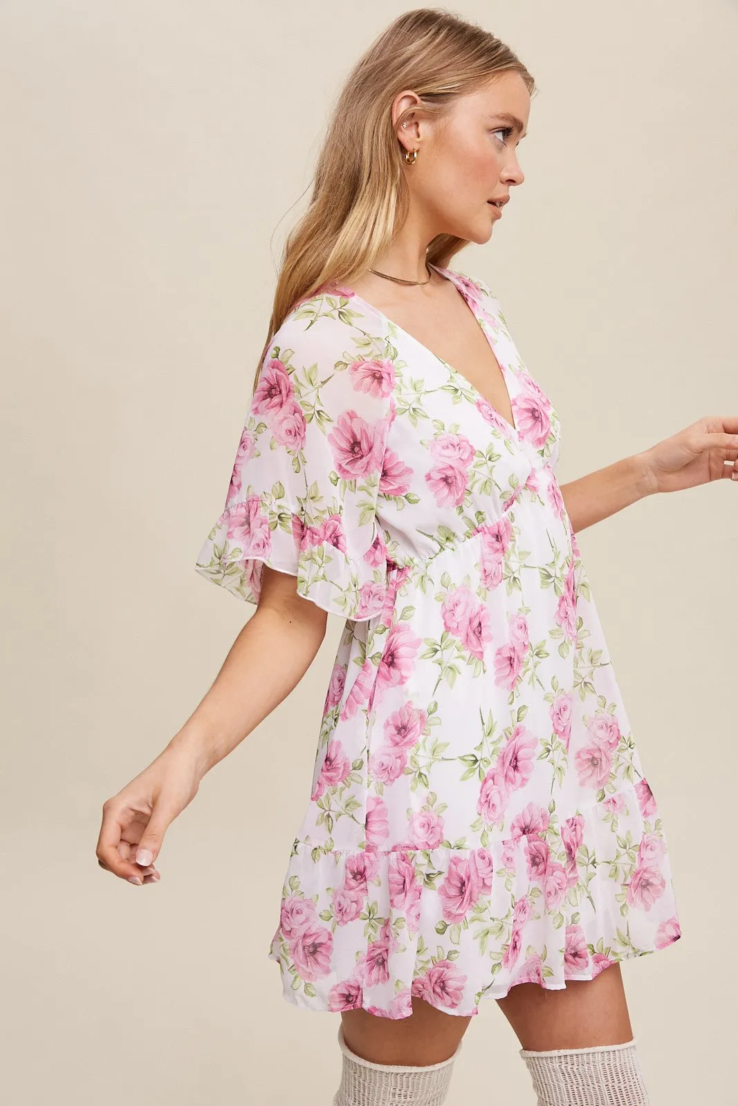 Cream Floral Print V-Neck Ruffled Mini Dress sold by Pinkblush product image thumbnail 2