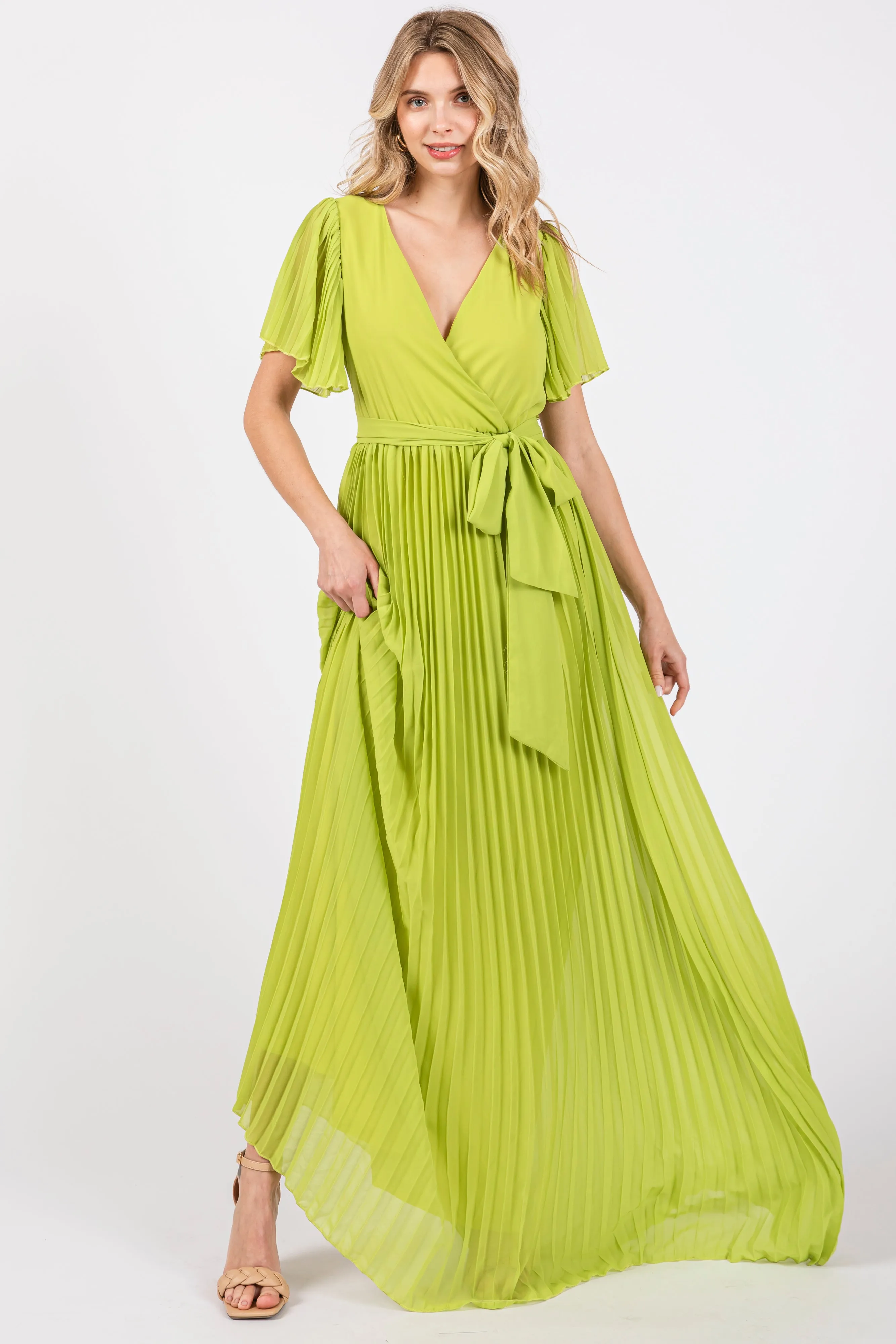 Lime Chiffon Wrap Front V-Neck Short Sleeve Pleated Maxi Dress sold by Pinkblush product image thumbnail 5