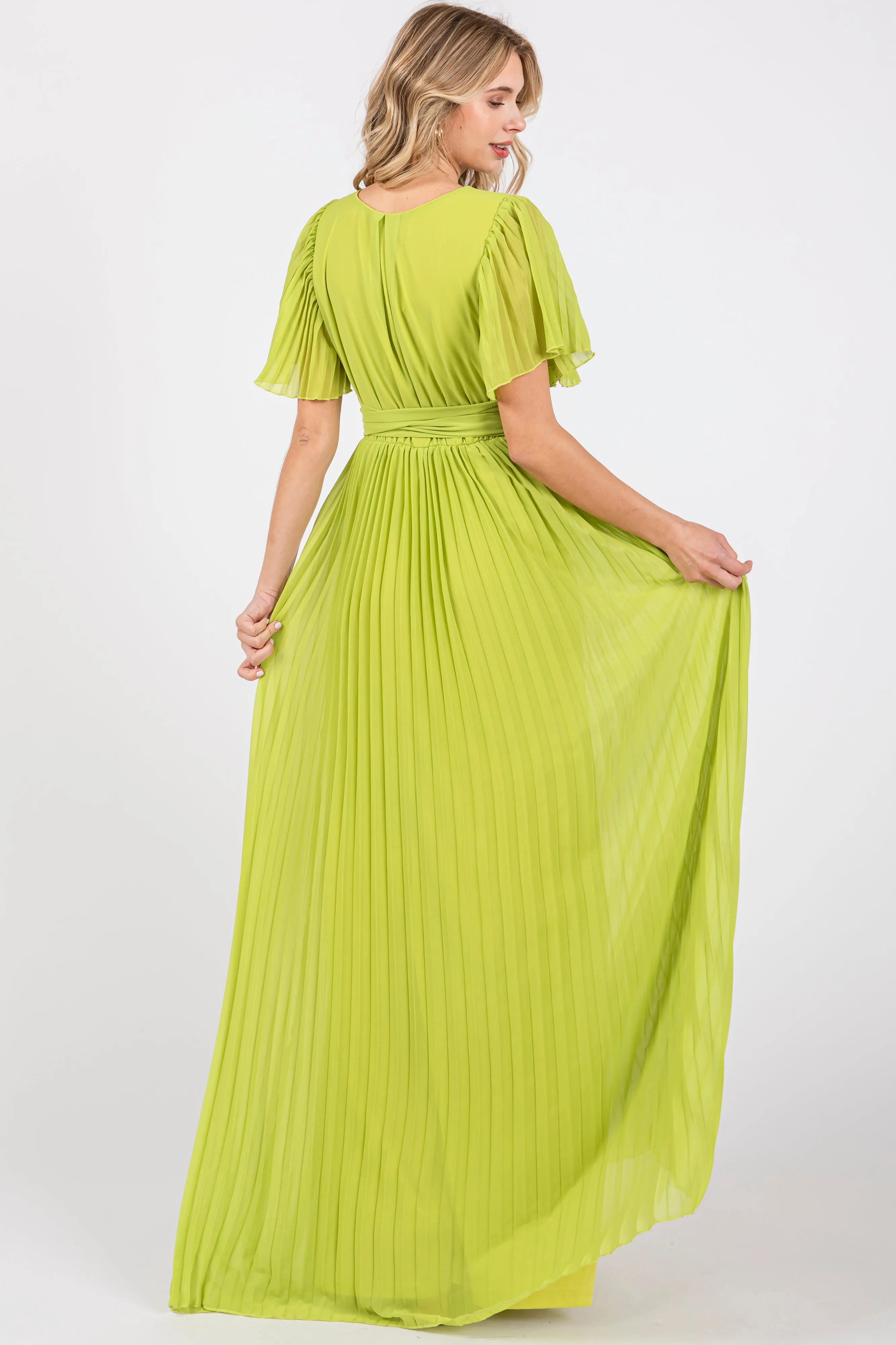 Lime Chiffon Wrap Front V-Neck Short Sleeve Pleated Maxi Dress sold by Pinkblush product image thumbnail 3