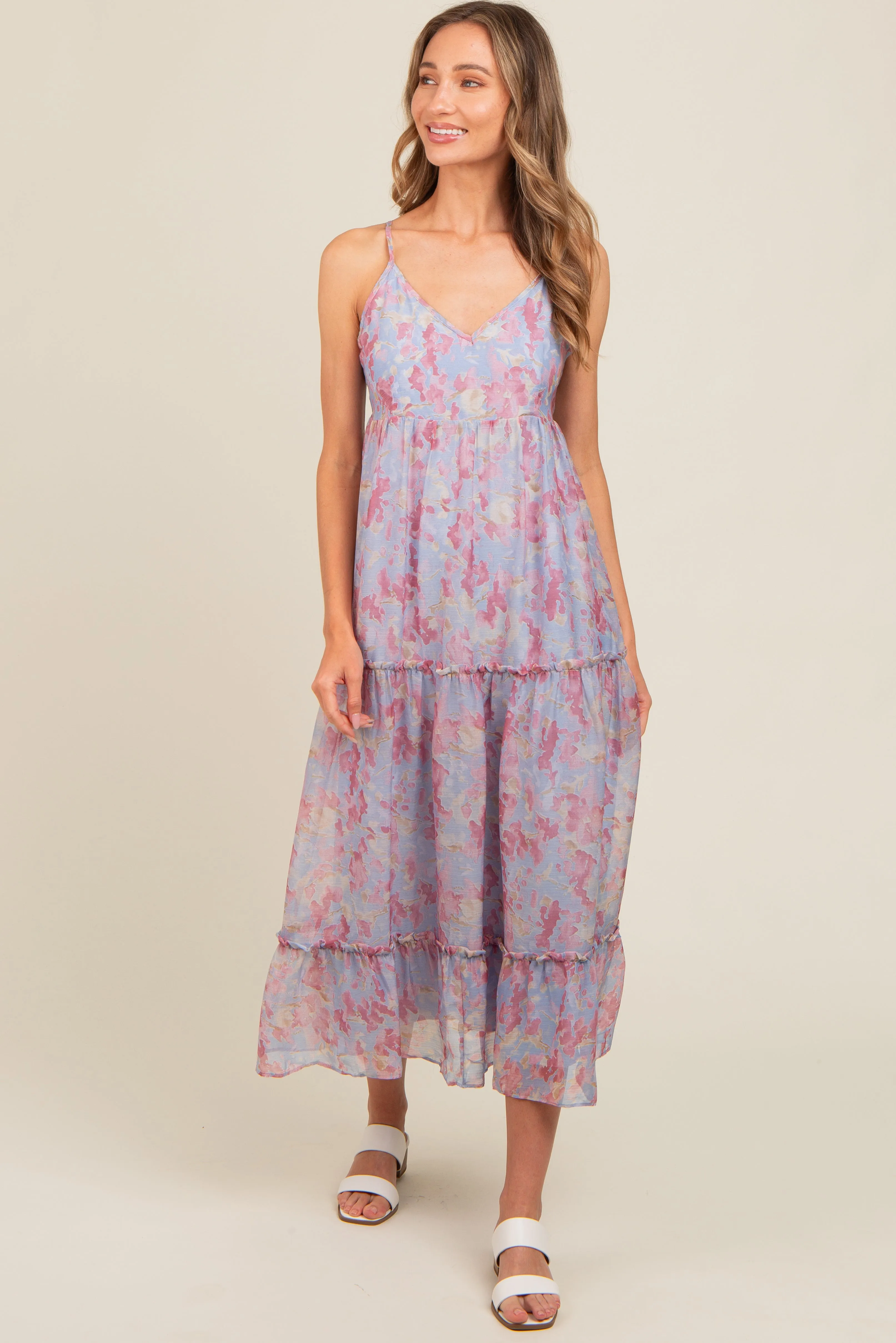 Periwinkle Abstract Floral Crisscross Back Maxi Dress sold by Pinkblush