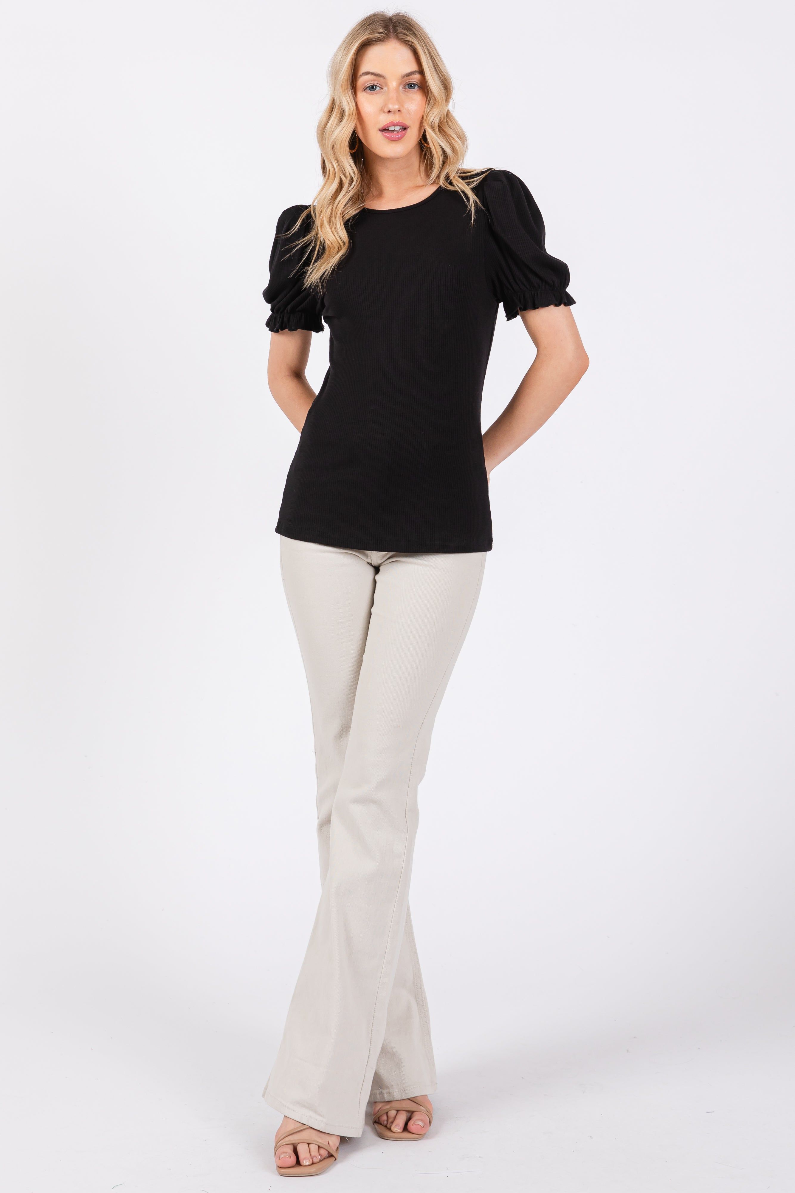 Black Ribbed Puff Sleeve Top sold by Pinkblush product image thumbnail 4