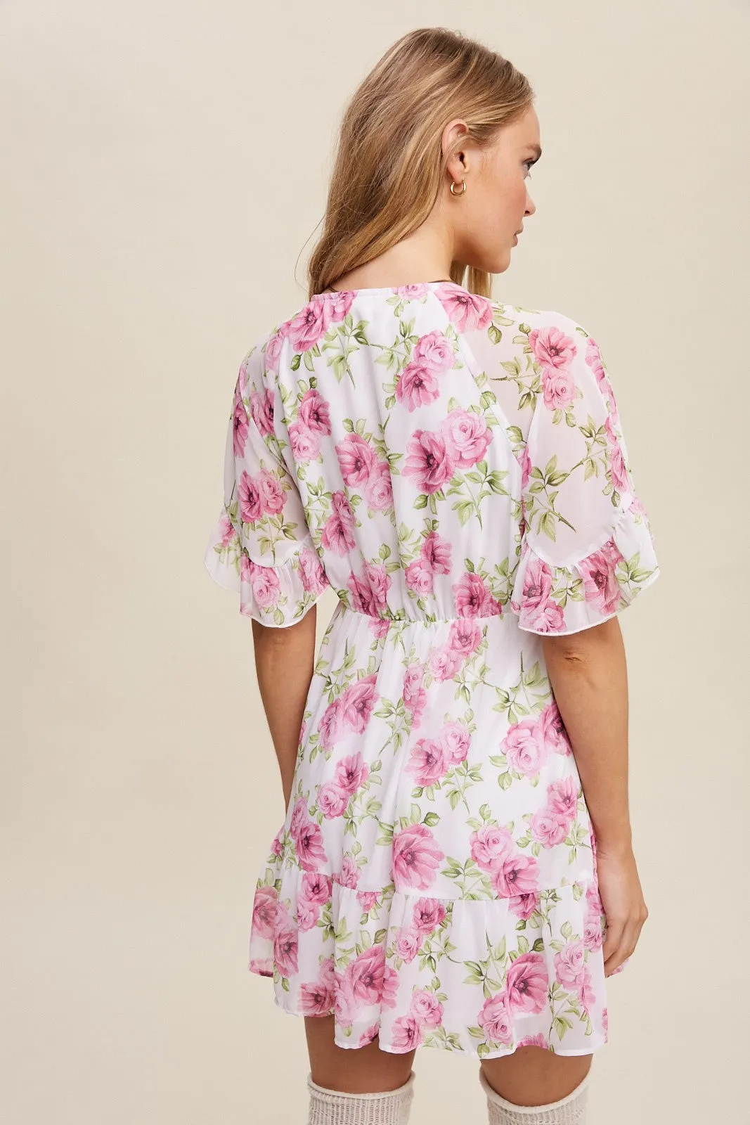 Cream Floral Print V-Neck Ruffled Mini Dress sold by Pinkblush product image thumbnail 3