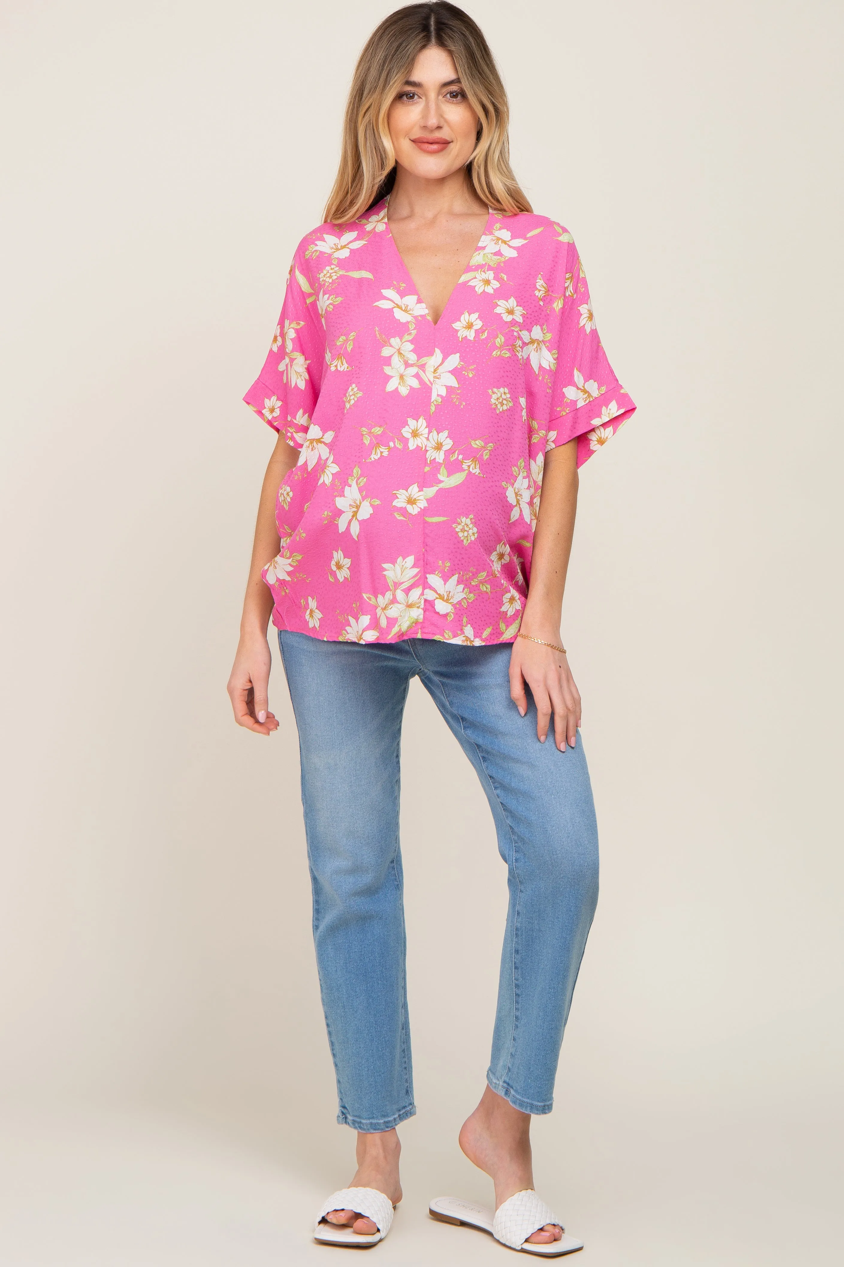 Fuchsia Floral Swiss Dot V-Neck Maternity Top sold by Pinkblush product image thumbnail 4