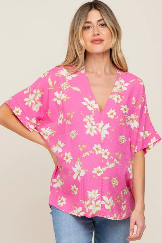 Fuchsia Floral Swiss Dot V-Neck Maternity Top sold by Pinkblush