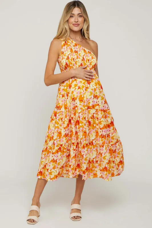 Orange Print Smocked One Shoulder Maternity Midi Dress made by Pinkblush