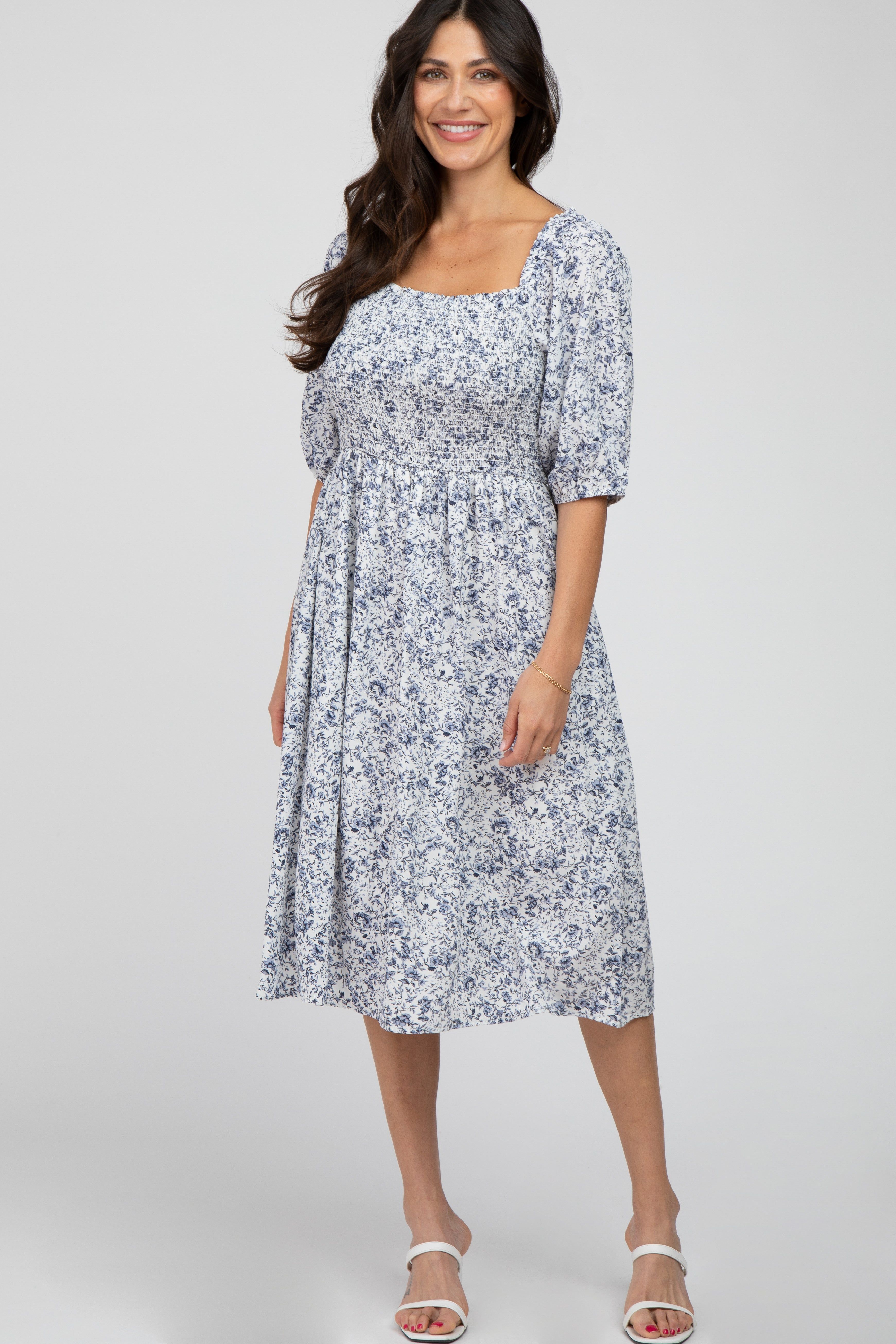 Blue Floral Smocked Maternity Midi Dress sold by Pinkblush product image thumbnail 5