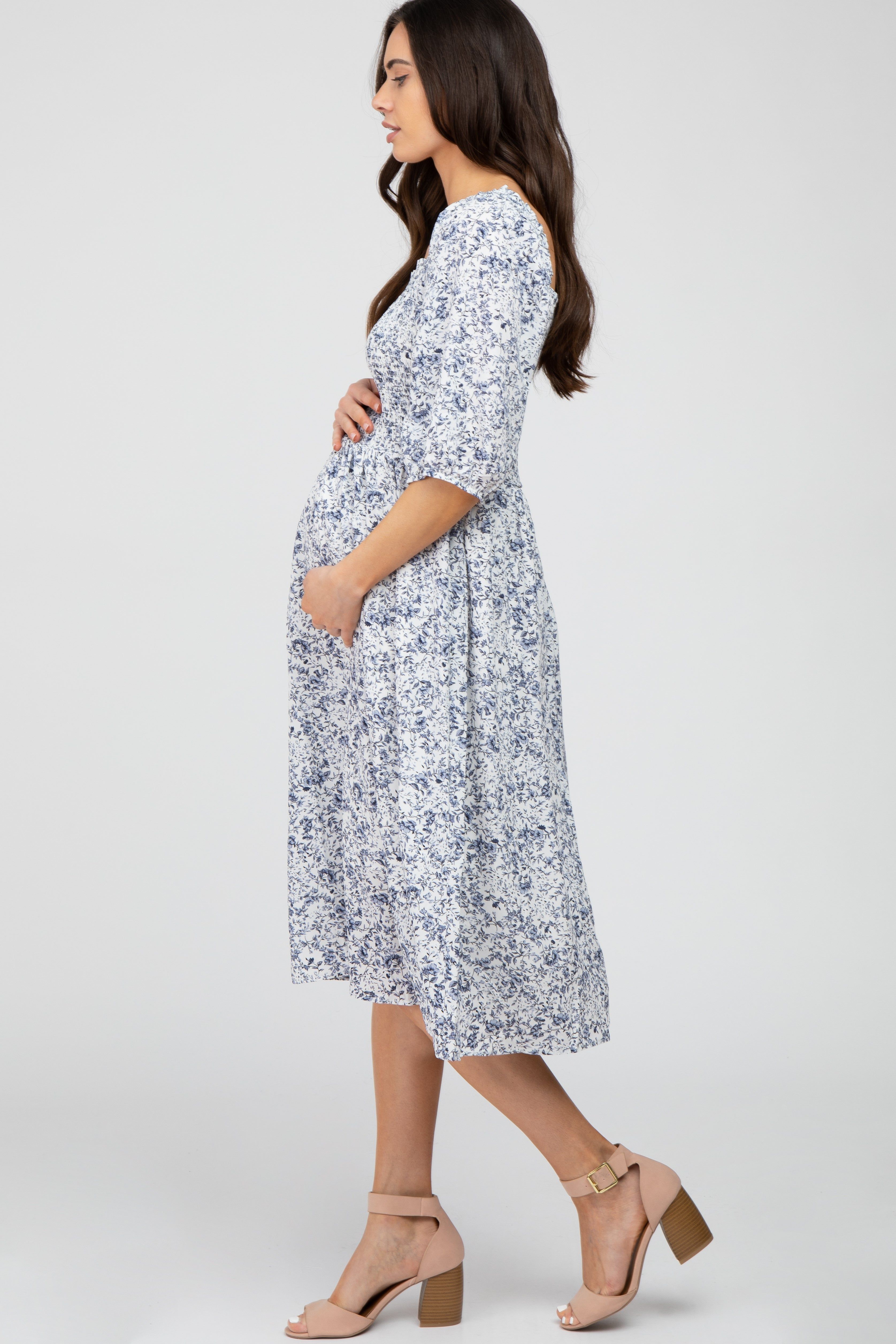 Blue Floral Smocked Maternity Midi Dress sold by Pinkblush product image thumbnail 2