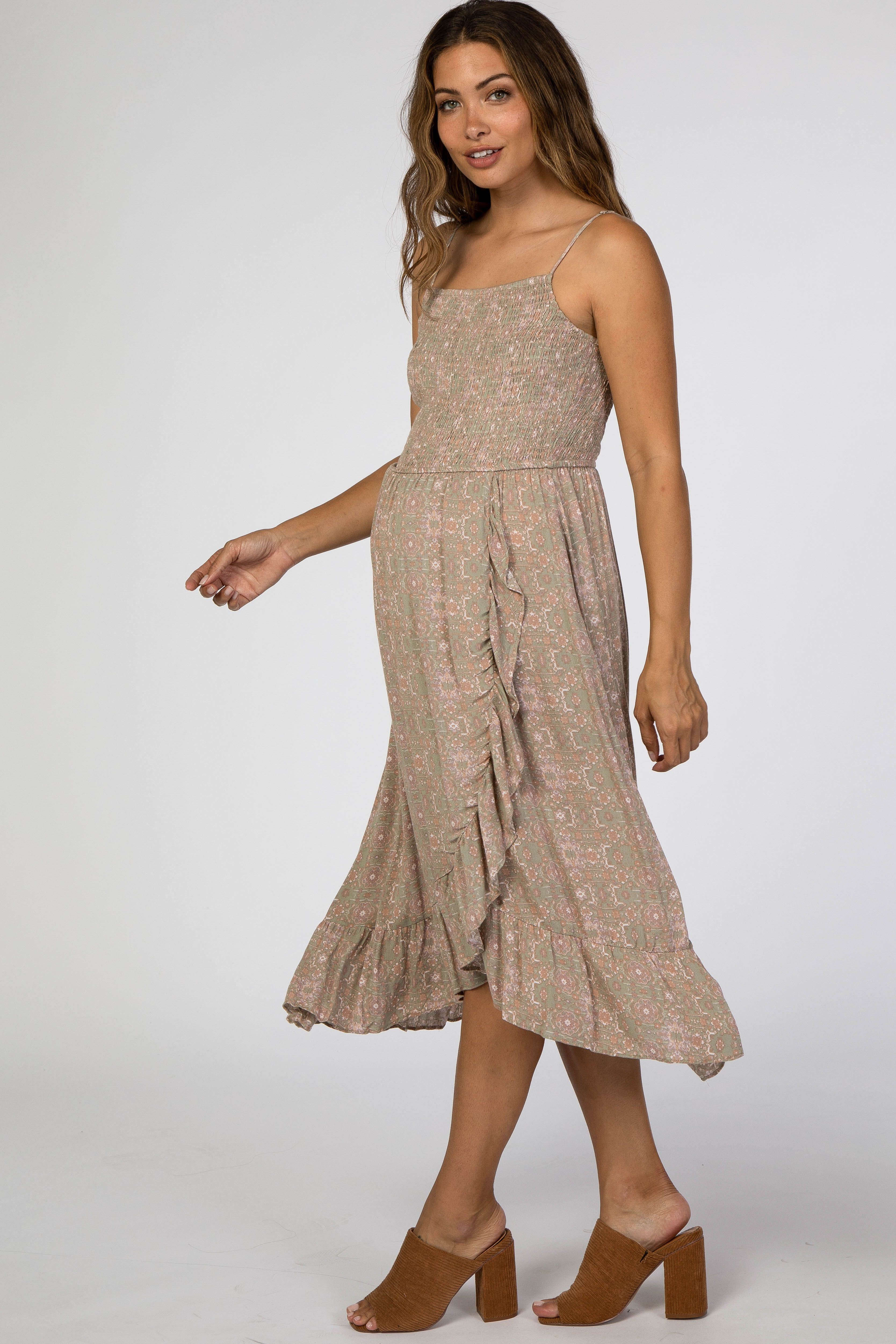 Olive Floral Smocked Ruffle Hem Wrap Maternity Midi Dress sold by Pinkblush product image thumbnail 2