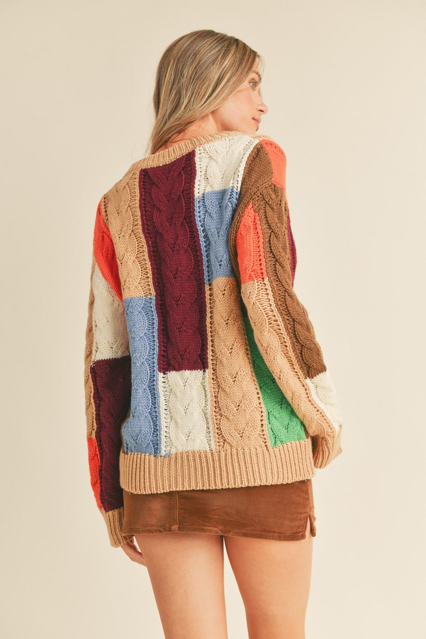 Taupe Multi Color Block Cable Knit Sweater sold by Pinkblush product image thumbnail 3