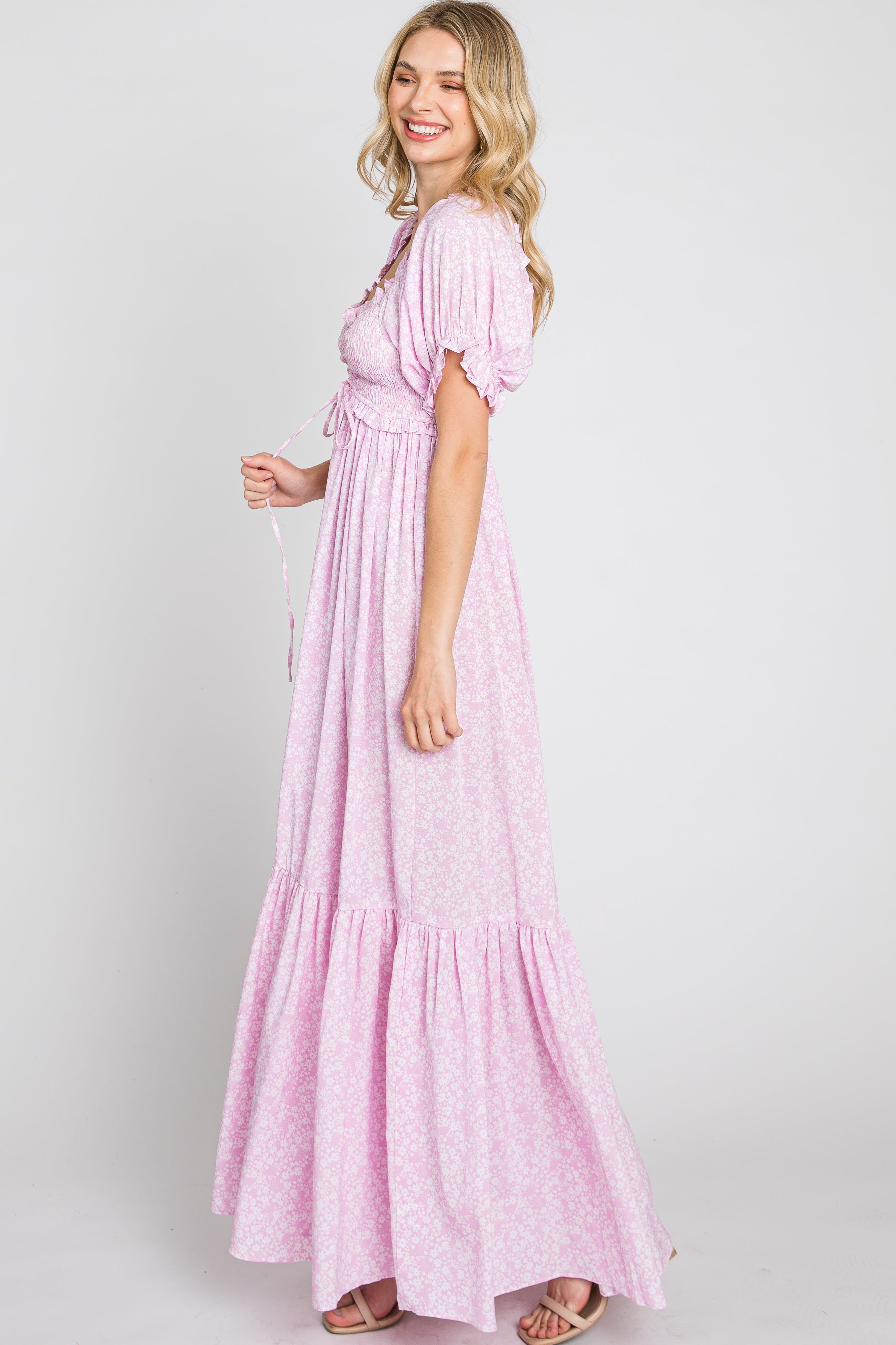 Pink Ditsy Floral Smocked Puff Sleeve Maxi Dress sold by Pinkblush product image thumbnail 5