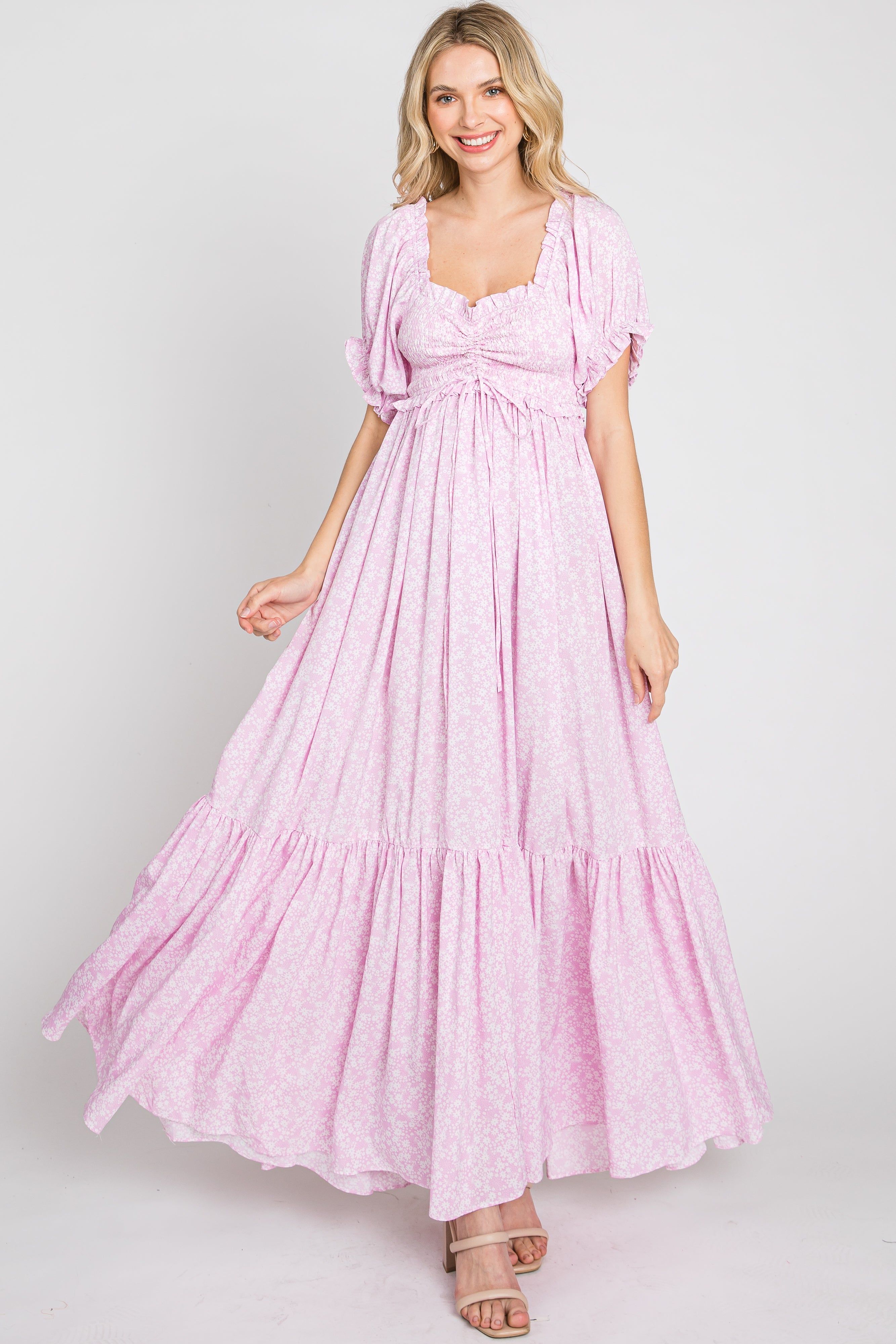 Pink Ditsy Floral Smocked Puff Sleeve Maxi Dress sold by Pinkblush product image thumbnail 2