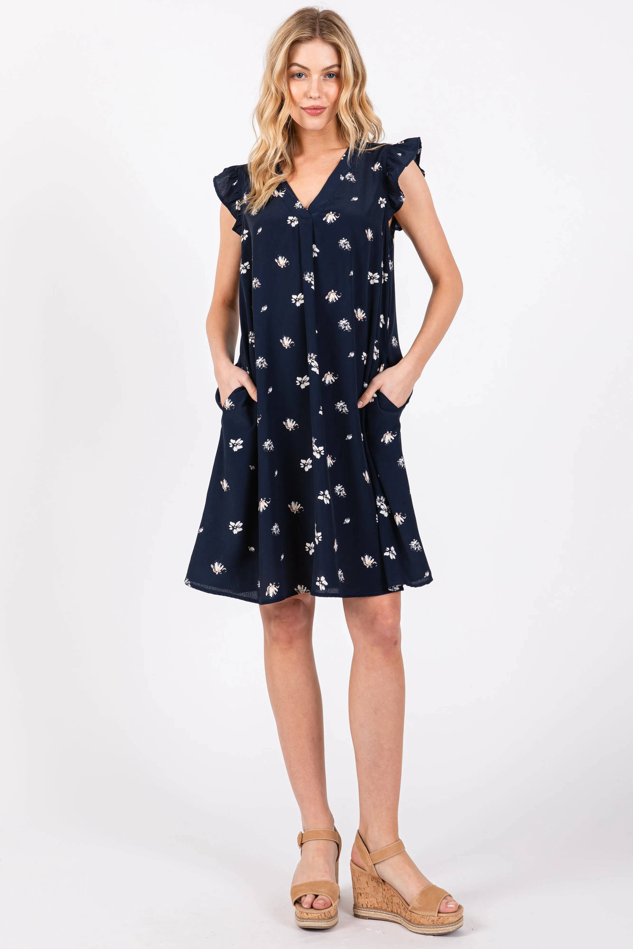 Navy Blue Floral Ruffle Cap Sleeve Maternity Dress sold by Pinkblush product image thumbnail 4