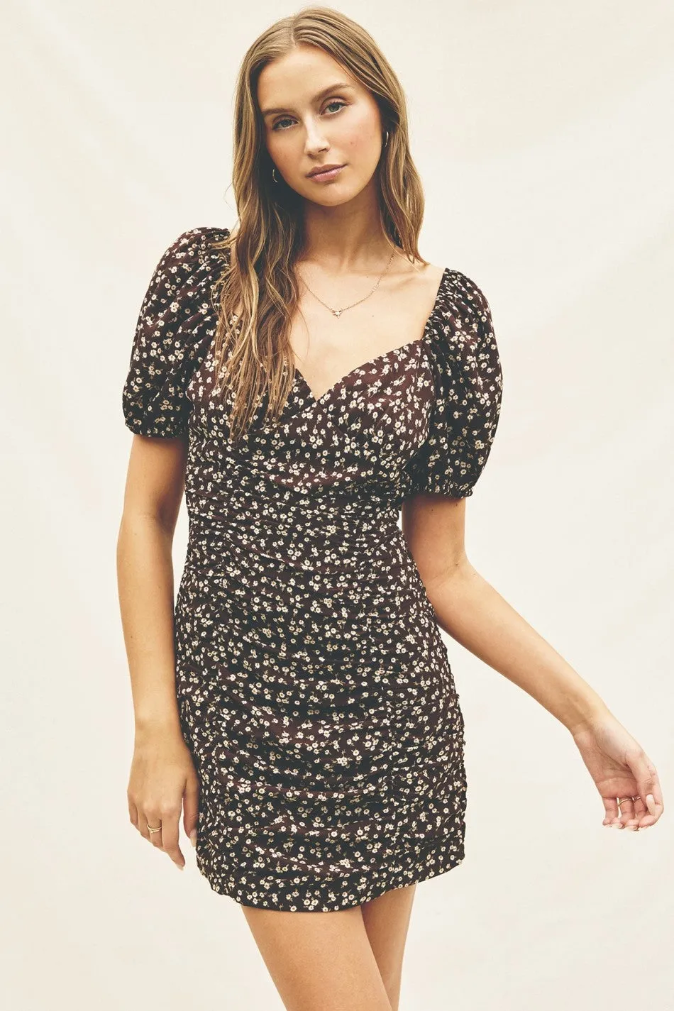 Brown Floral Puff Sleeve Ruched Mini Dress sold by Pinkblush product image thumbnail 4