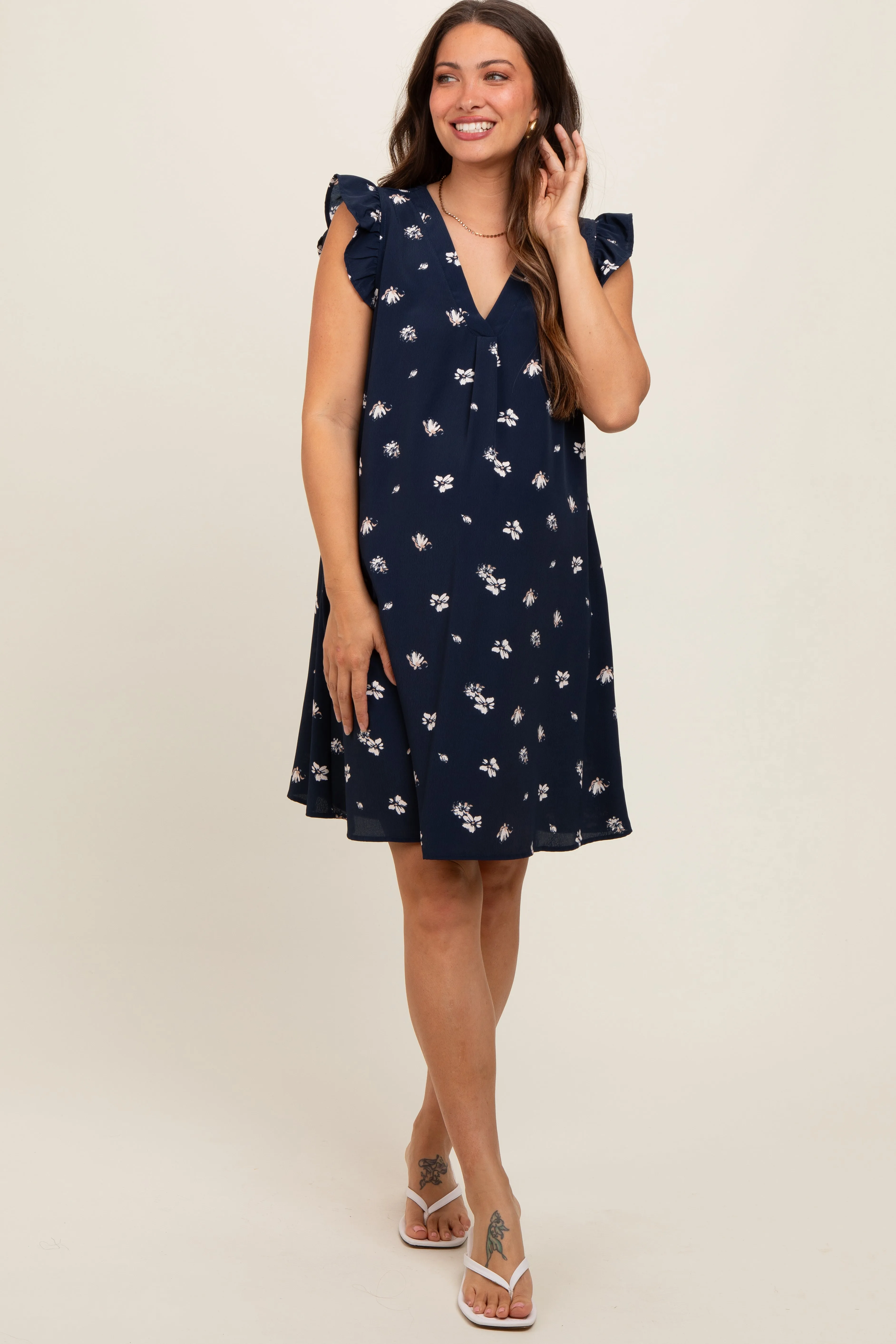 Navy Blue Floral Ruffle Cap Sleeve Maternity Dress sold by Pinkblush