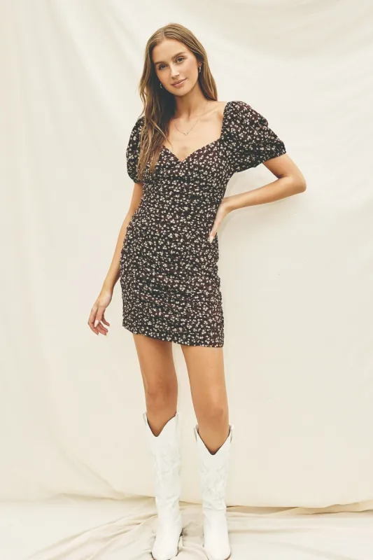 Brown Floral Puff Sleeve Ruched Mini Dress sold by Pinkblush