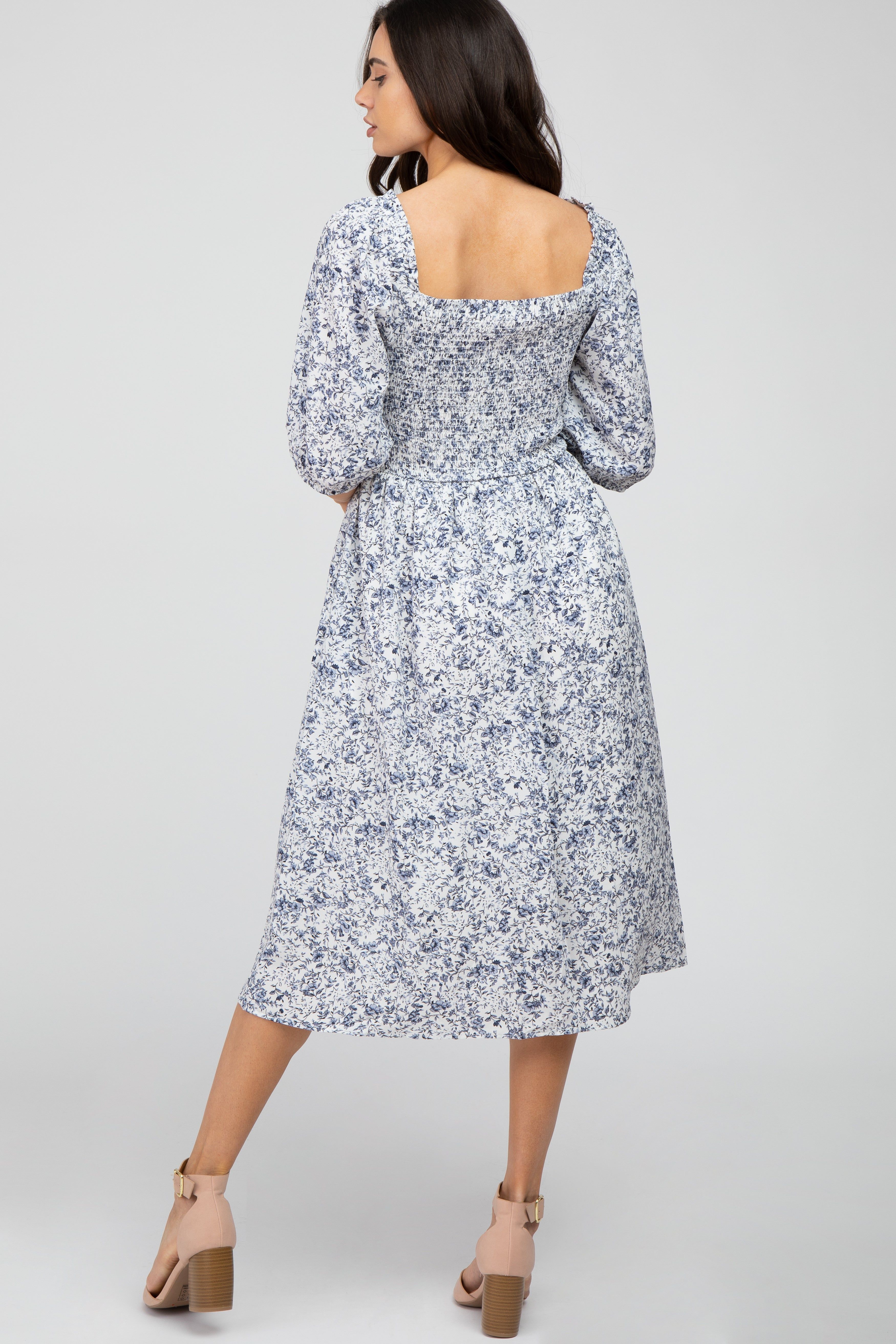 Blue Floral Smocked Maternity Midi Dress sold by Pinkblush product image thumbnail 3