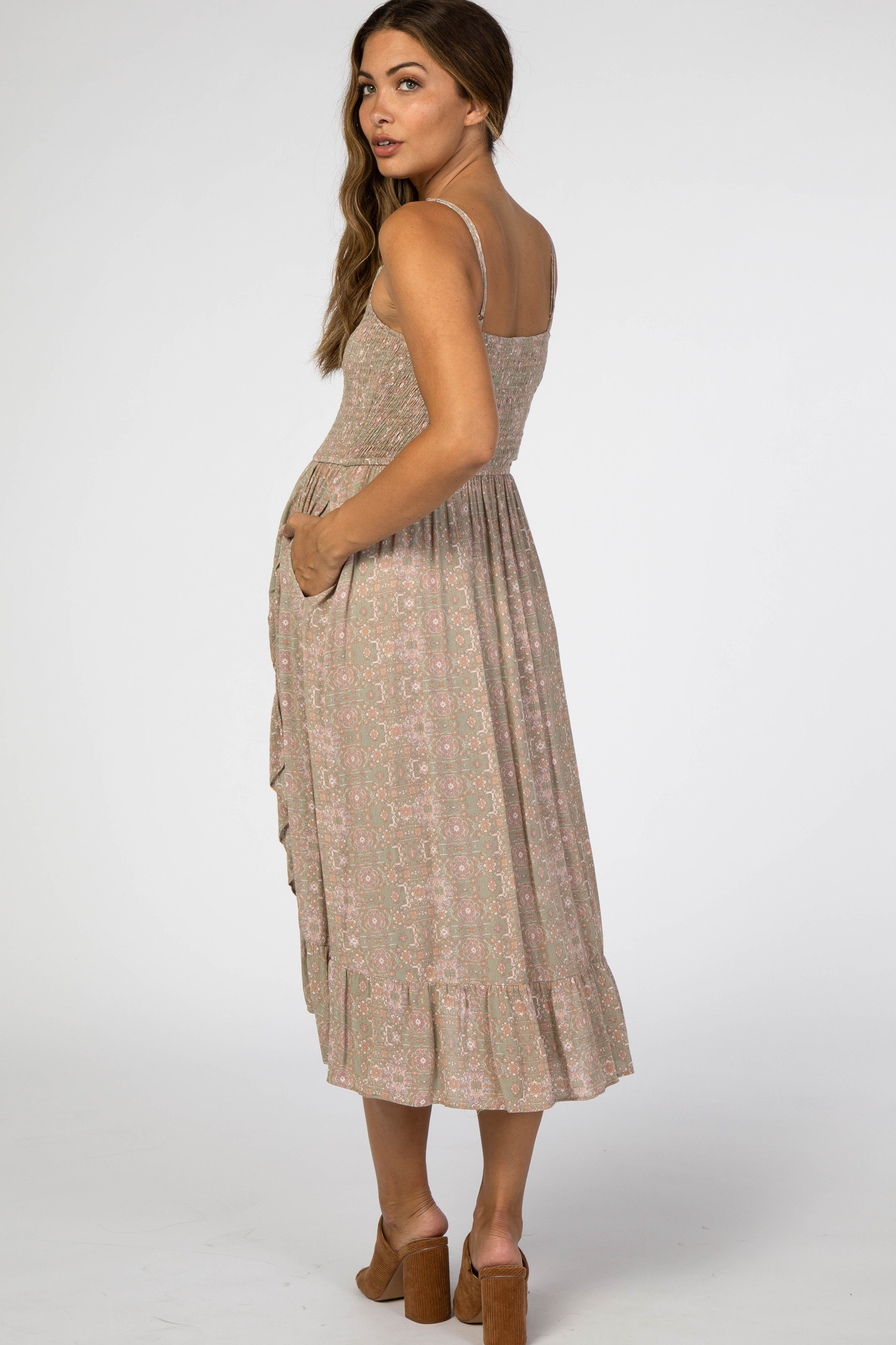 Olive Floral Smocked Ruffle Hem Wrap Maternity Midi Dress sold by Pinkblush product image thumbnail 3