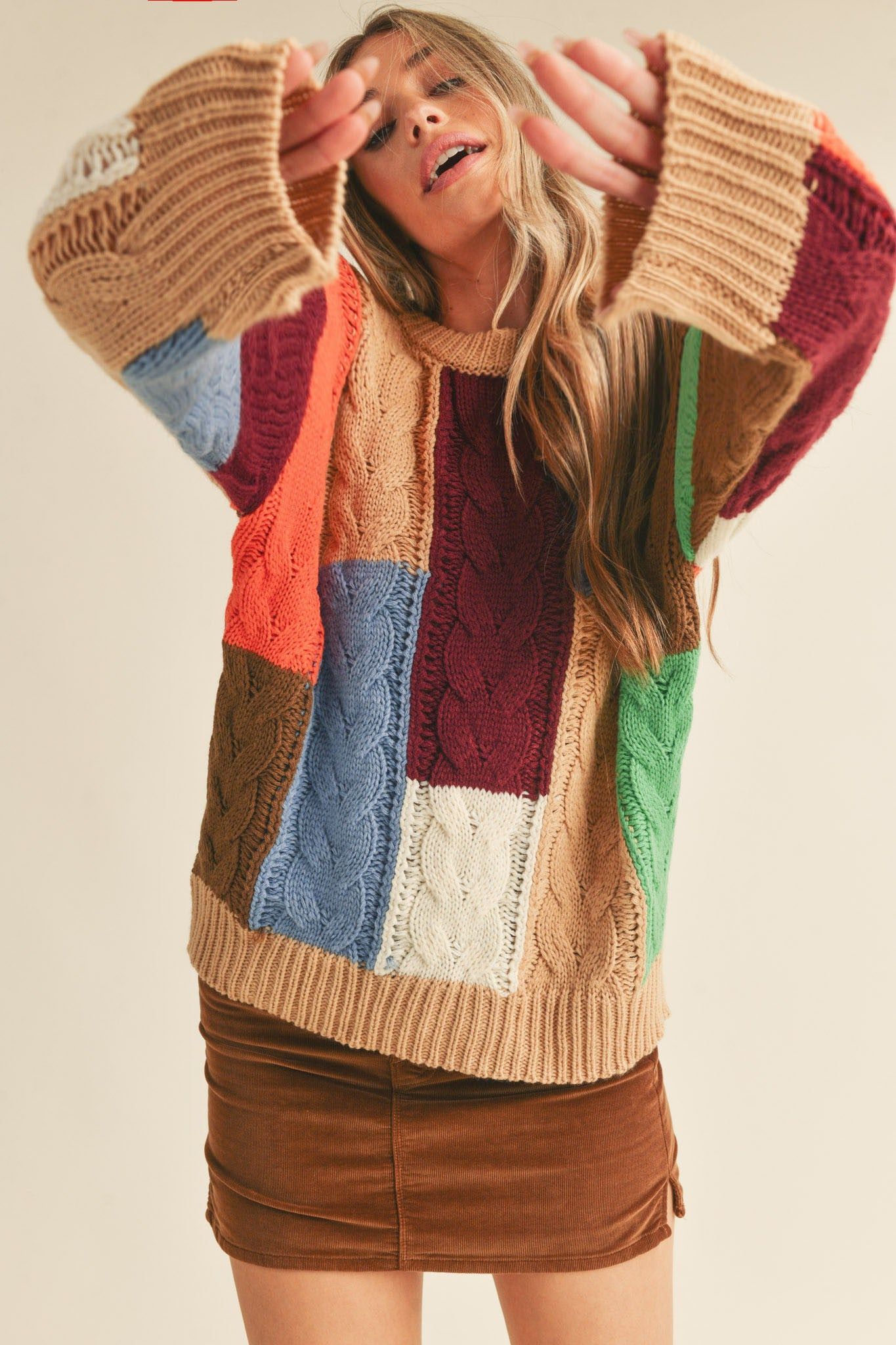 Taupe Multi Color Block Cable Knit Sweater sold by Pinkblush product image thumbnail 4