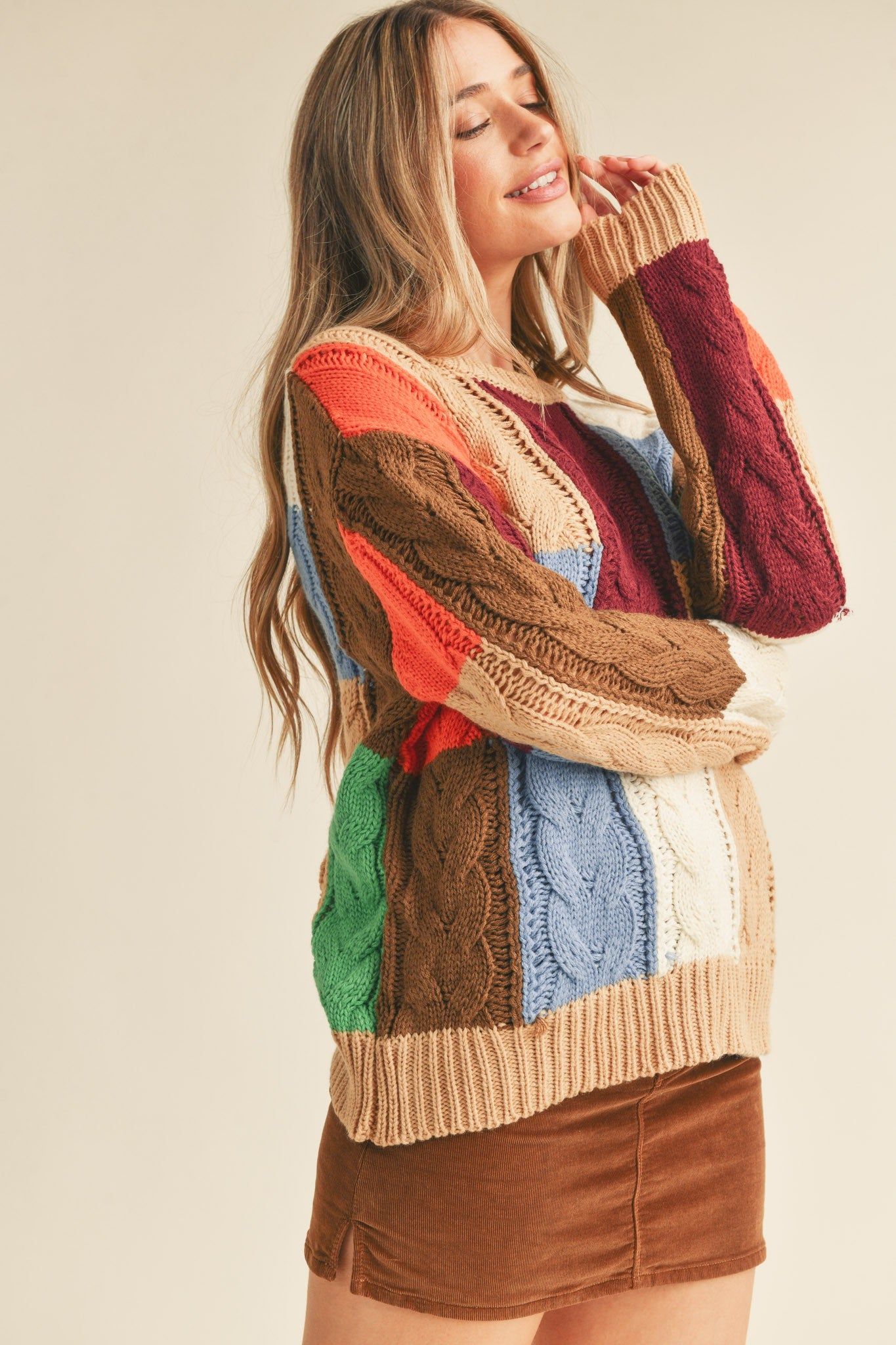 Taupe Multi Color Block Cable Knit Sweater sold by Pinkblush