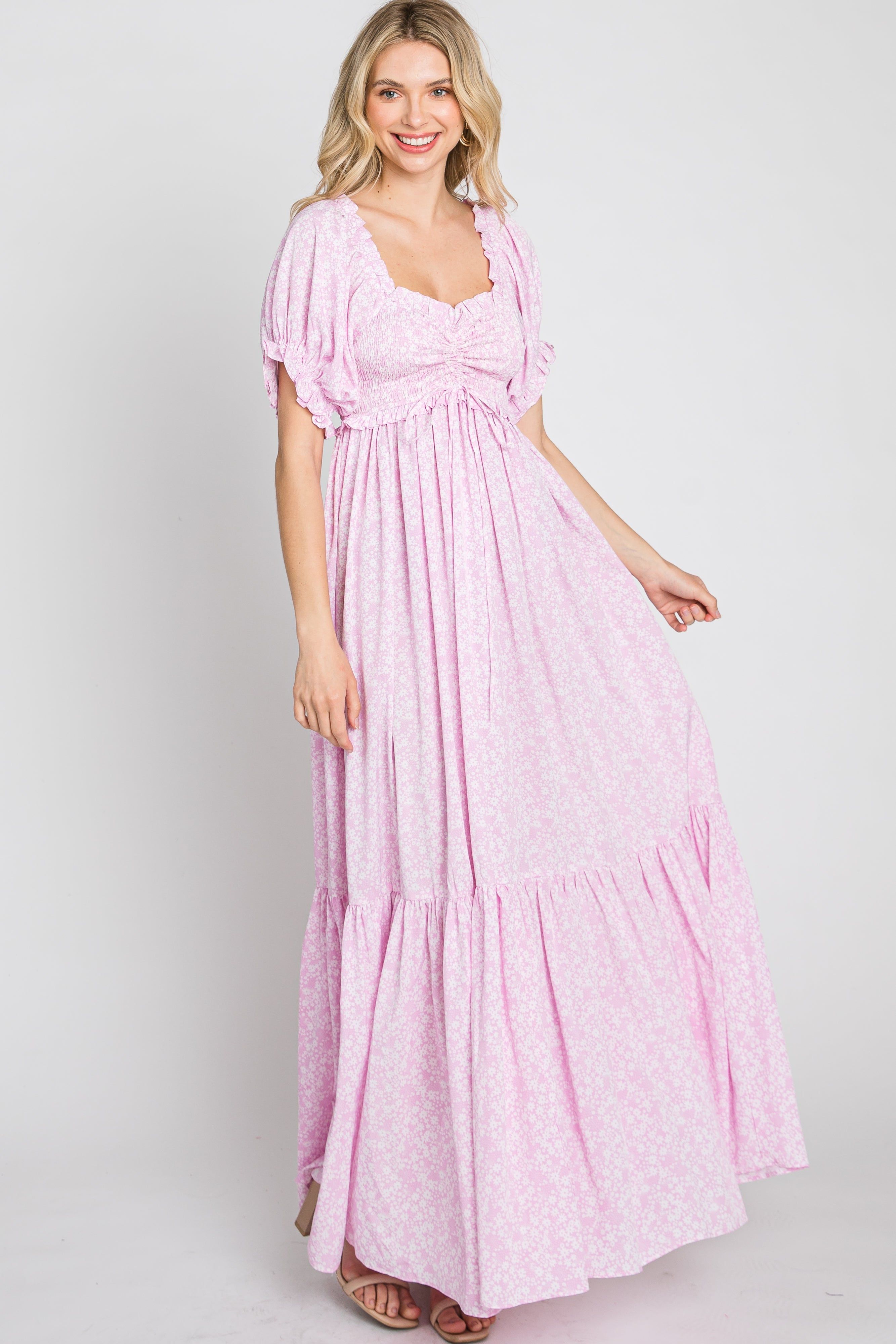 Pink Ditsy Floral Smocked Puff Sleeve Maxi Dress sold by Pinkblush product image thumbnail 3