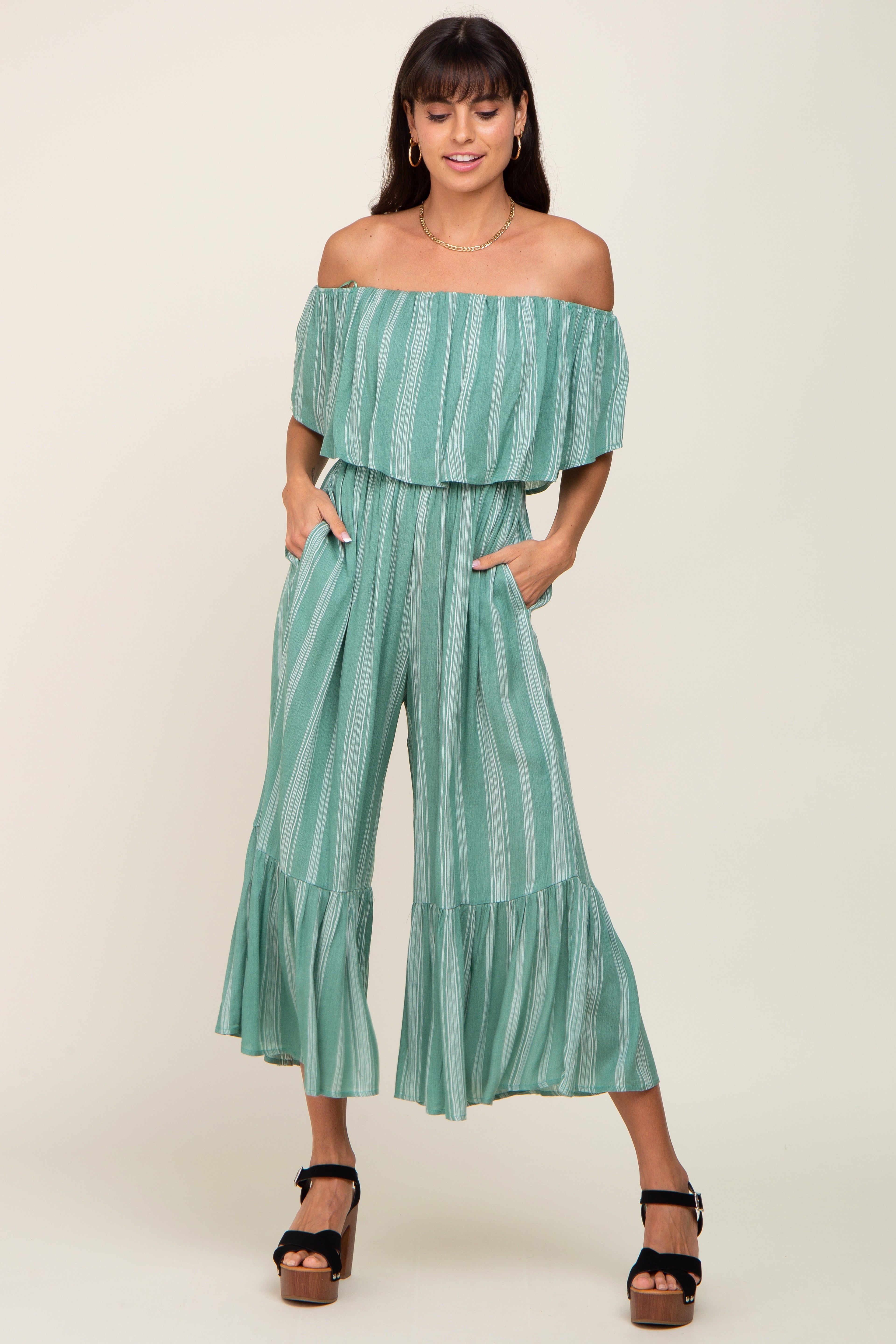 Green Striped Off Shoulder Jumpsuit sold by Pinkblush product image thumbnail 4