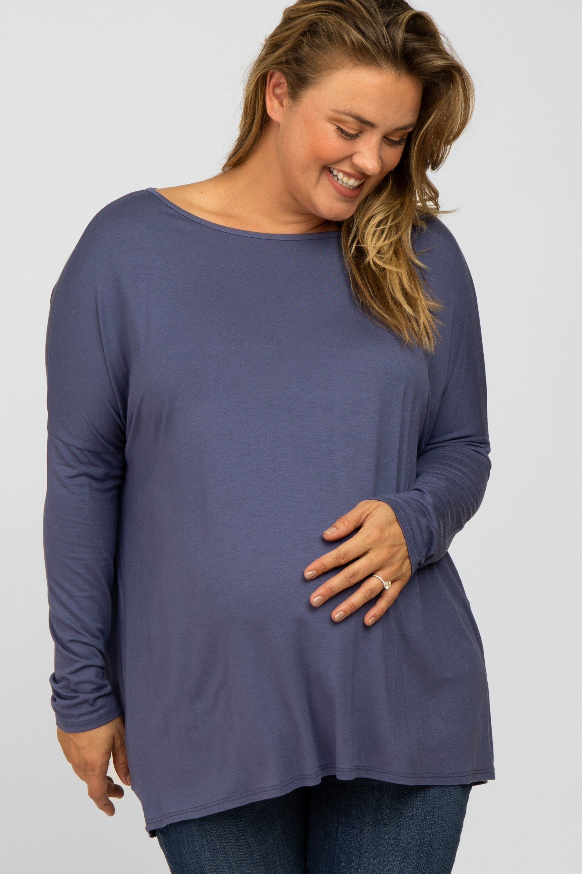 Blue Dolman Long Sleeve Maternity Plus Top sold by Pinkblush