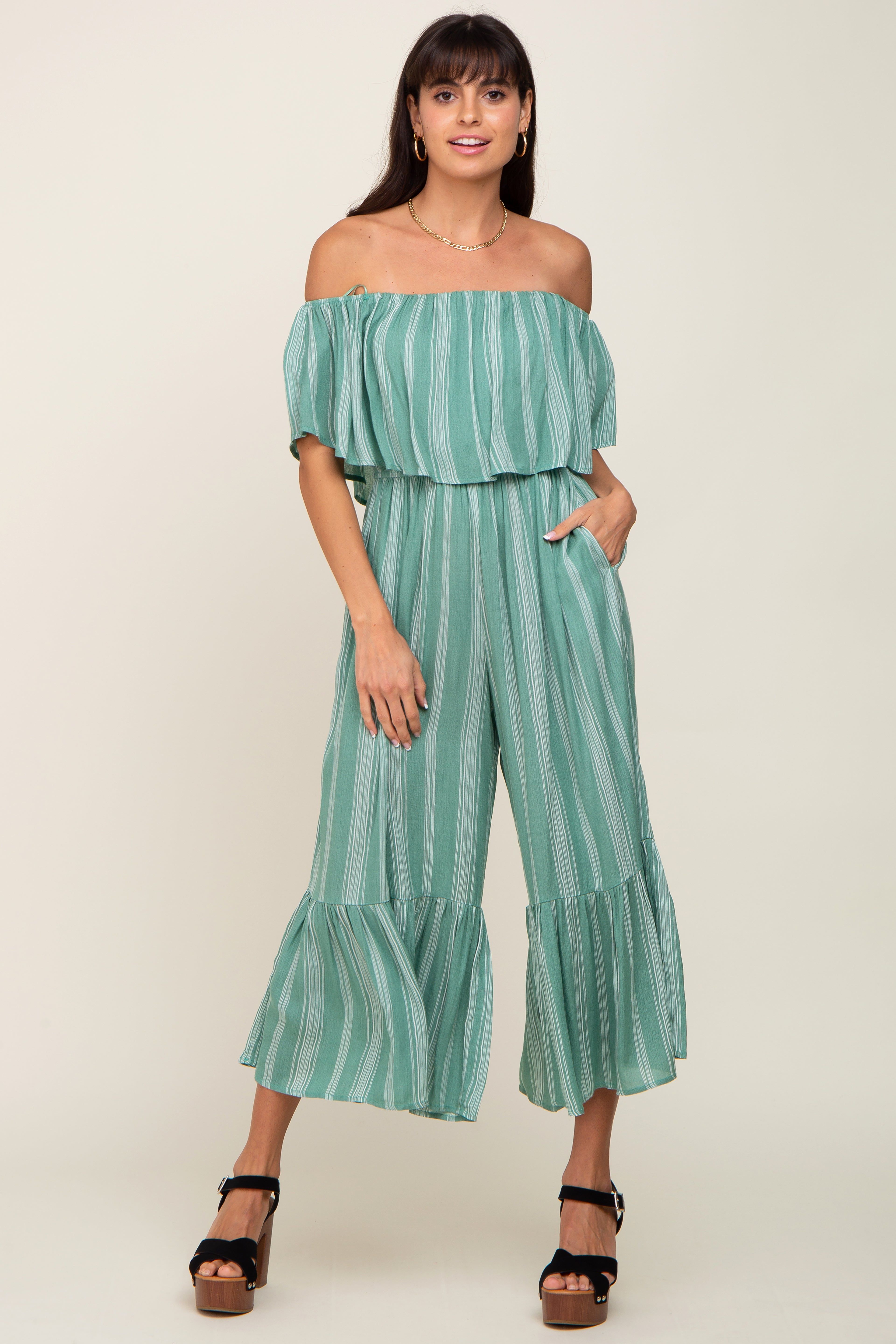 Green Striped Off Shoulder Jumpsuit sold by Pinkblush