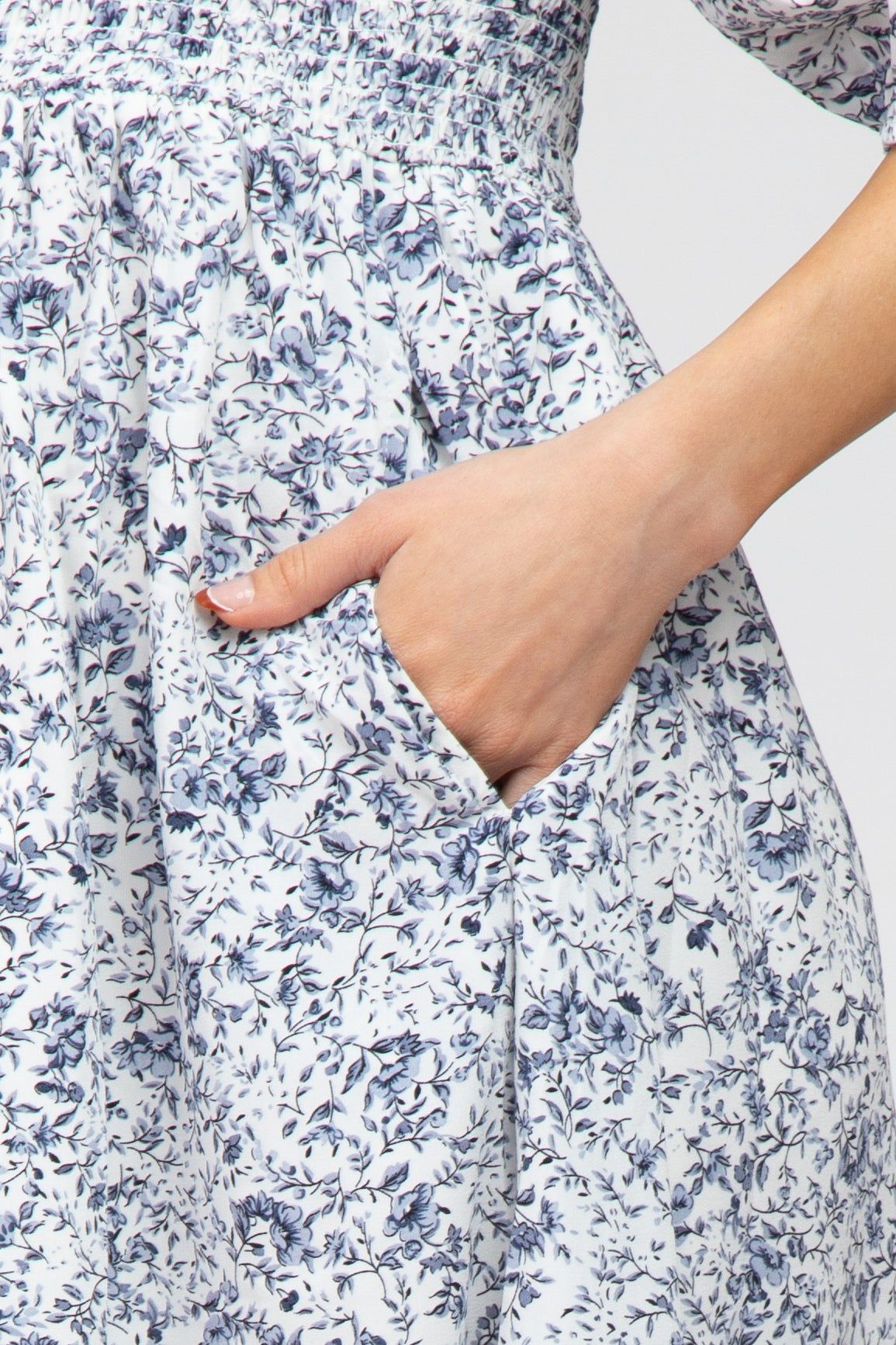 Blue Floral Smocked Maternity Midi Dress sold by Pinkblush product image thumbnail 4