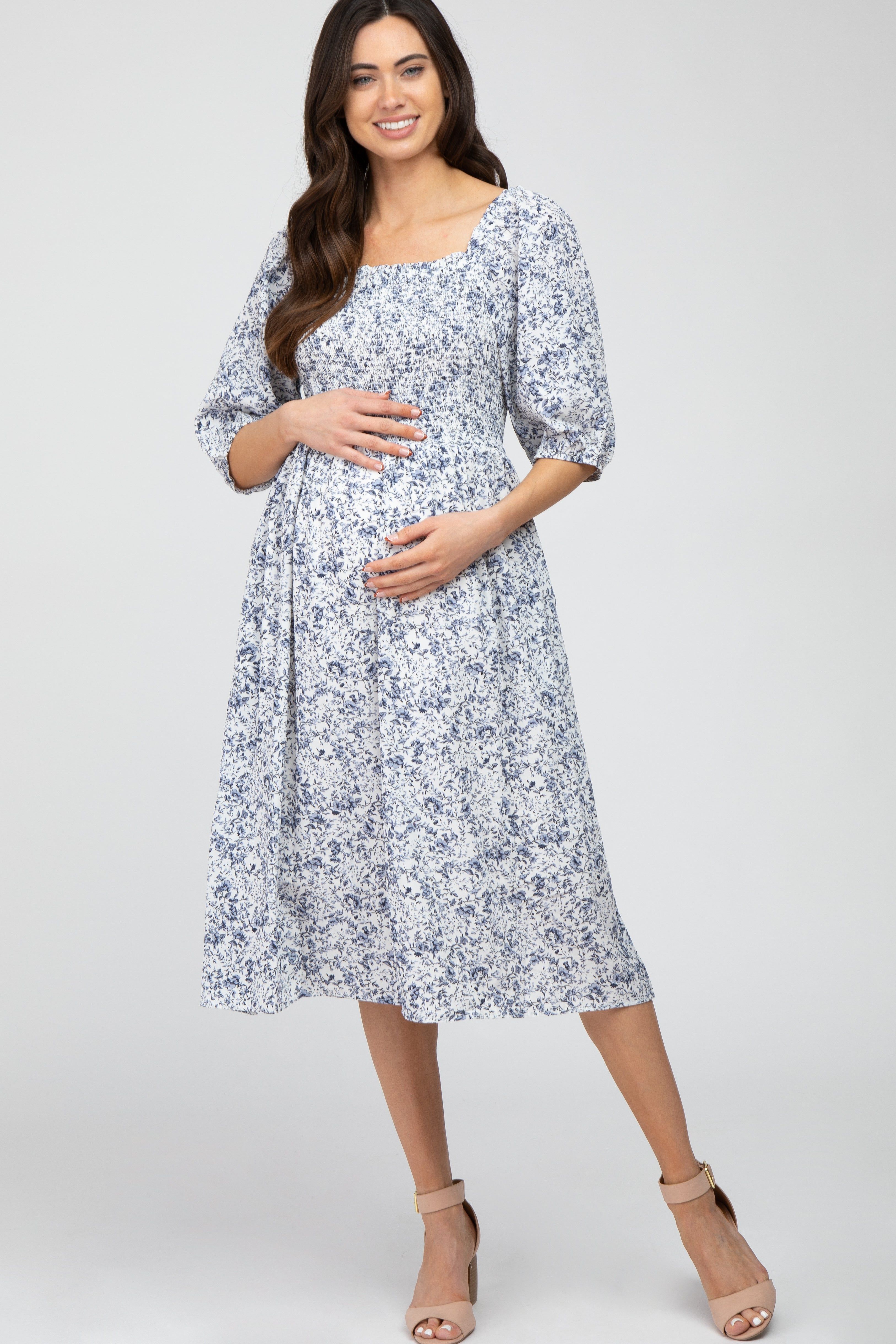Blue Floral Smocked Maternity Midi Dress sold by Pinkblush