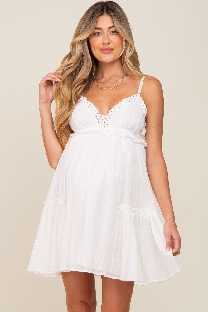 White Crochet Ruffle Maternity Dress sold by Pinkblush