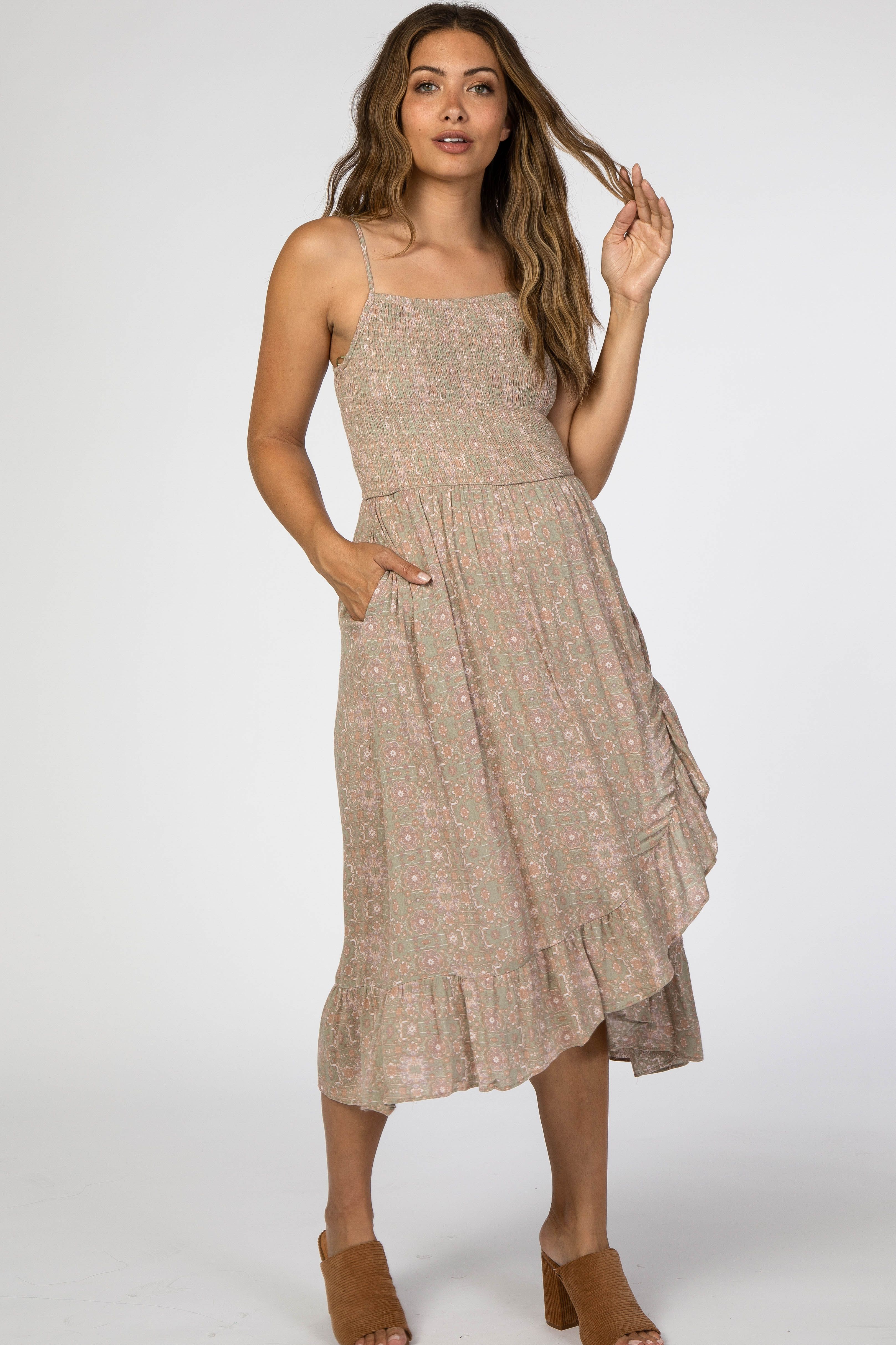 Olive Floral Smocked Ruffle Hem Wrap Maternity Midi Dress sold by Pinkblush