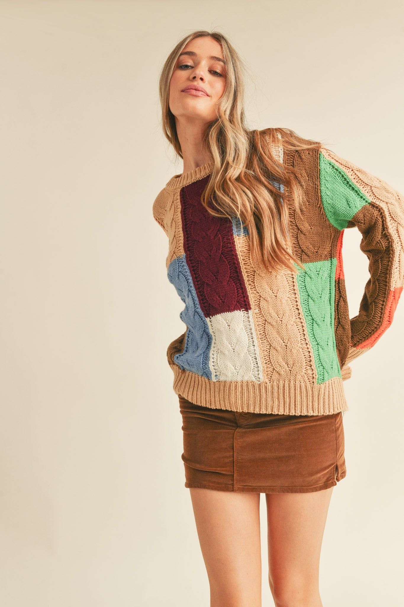 Taupe Multi Color Block Cable Knit Sweater sold by Pinkblush product image thumbnail 2
