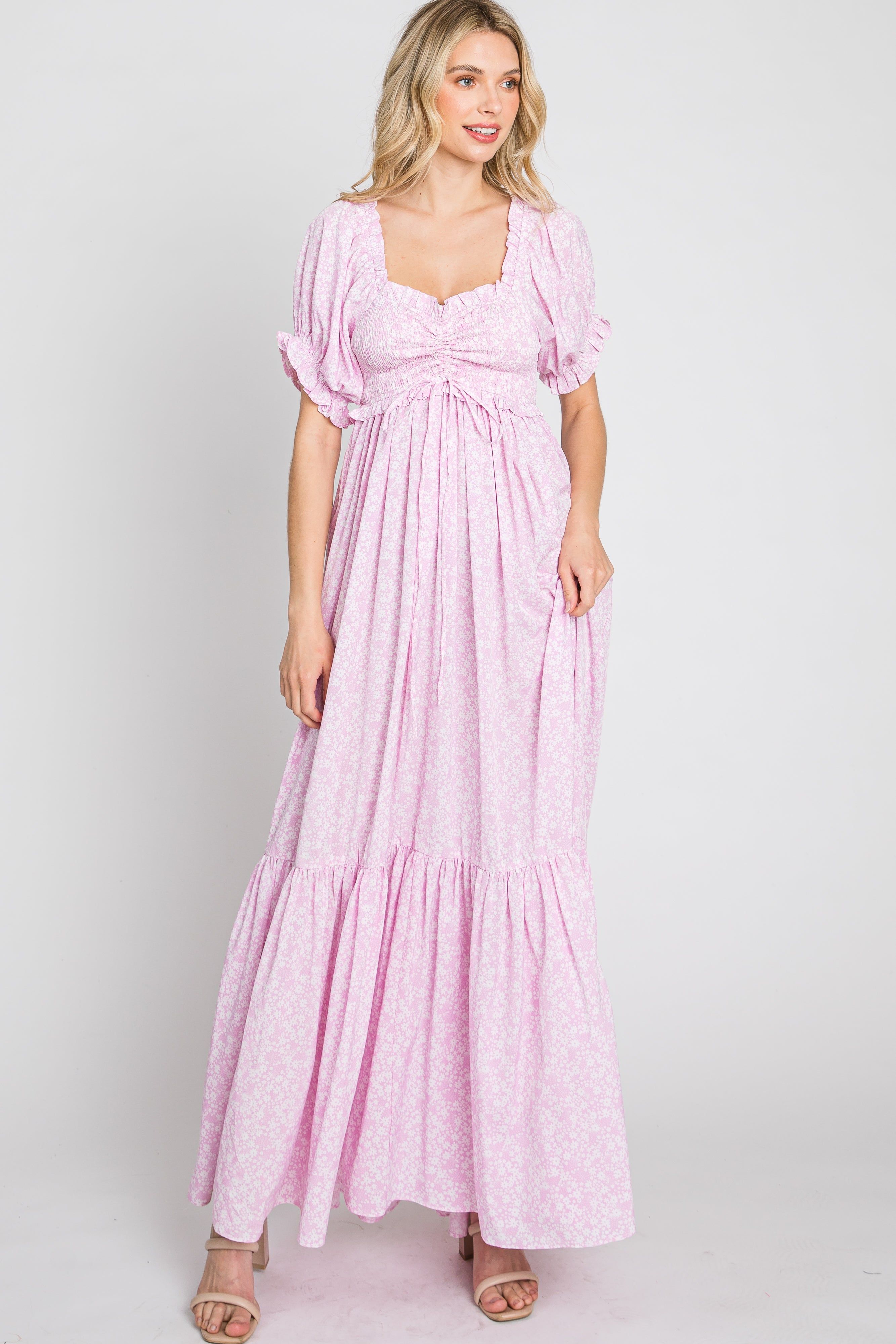 Pink Ditsy Floral Smocked Puff Sleeve Maxi Dress sold by Pinkblush product image thumbnail 4