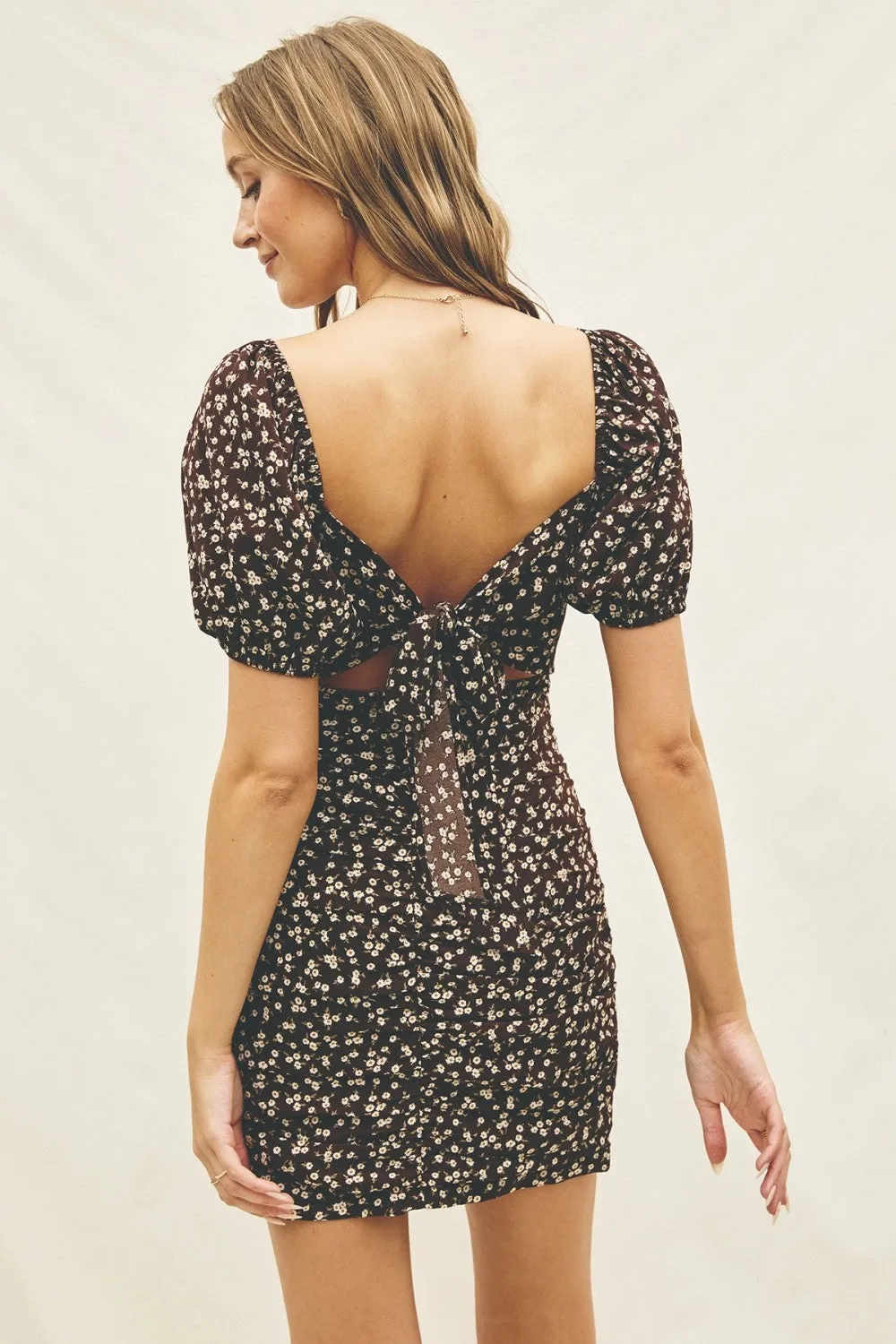 Brown Floral Puff Sleeve Ruched Mini Dress sold by Pinkblush product image thumbnail 3