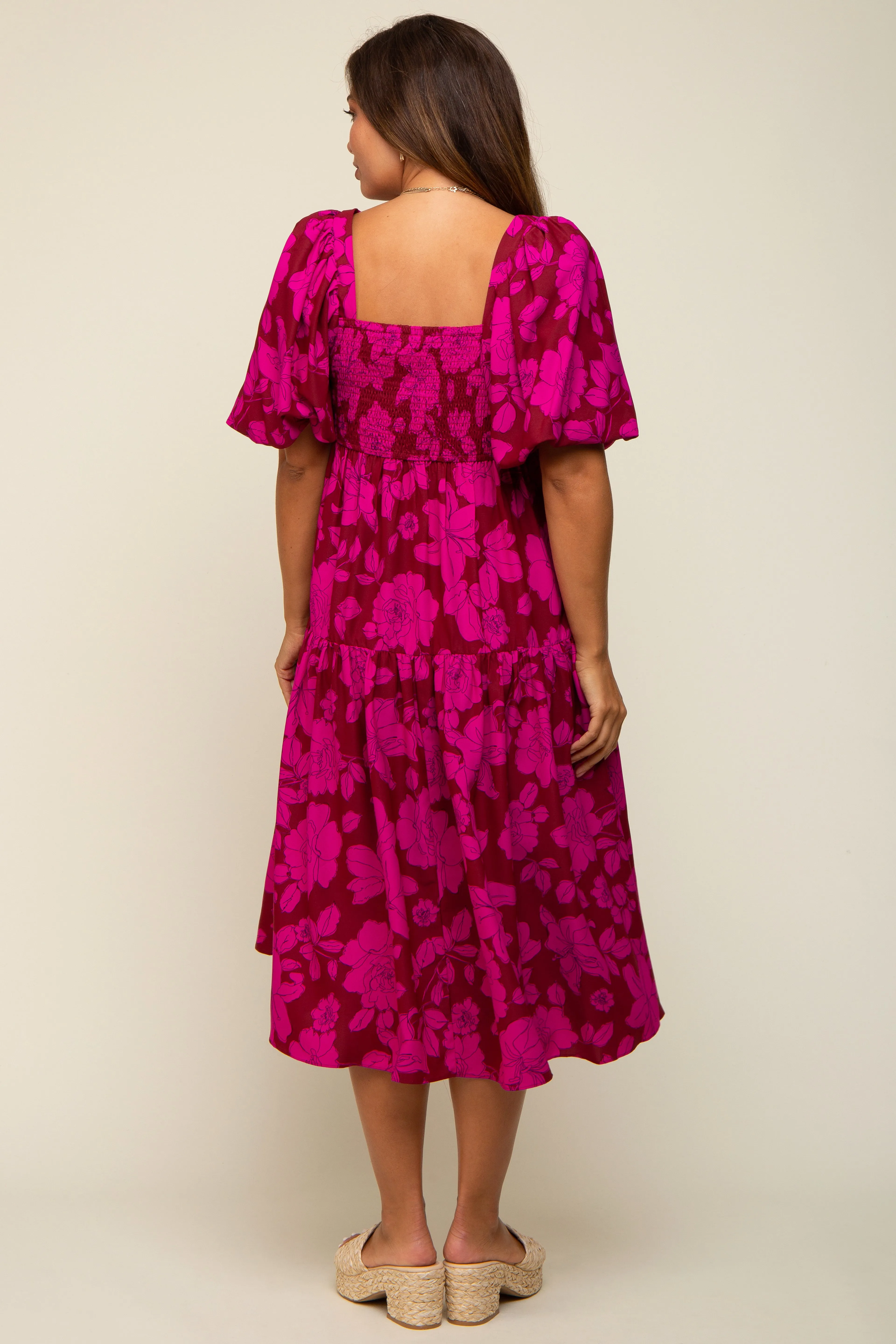 Magenta Floral Puff Sleeve Tiered Maternity Dress sold by Pinkblush product image thumbnail 3