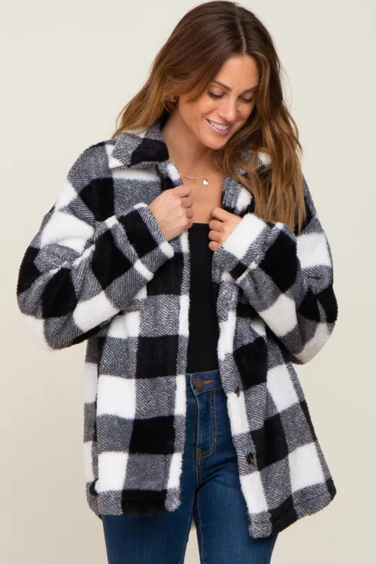 Black Plaid Fuzzy Shirt Jacket sold by Pinkblush