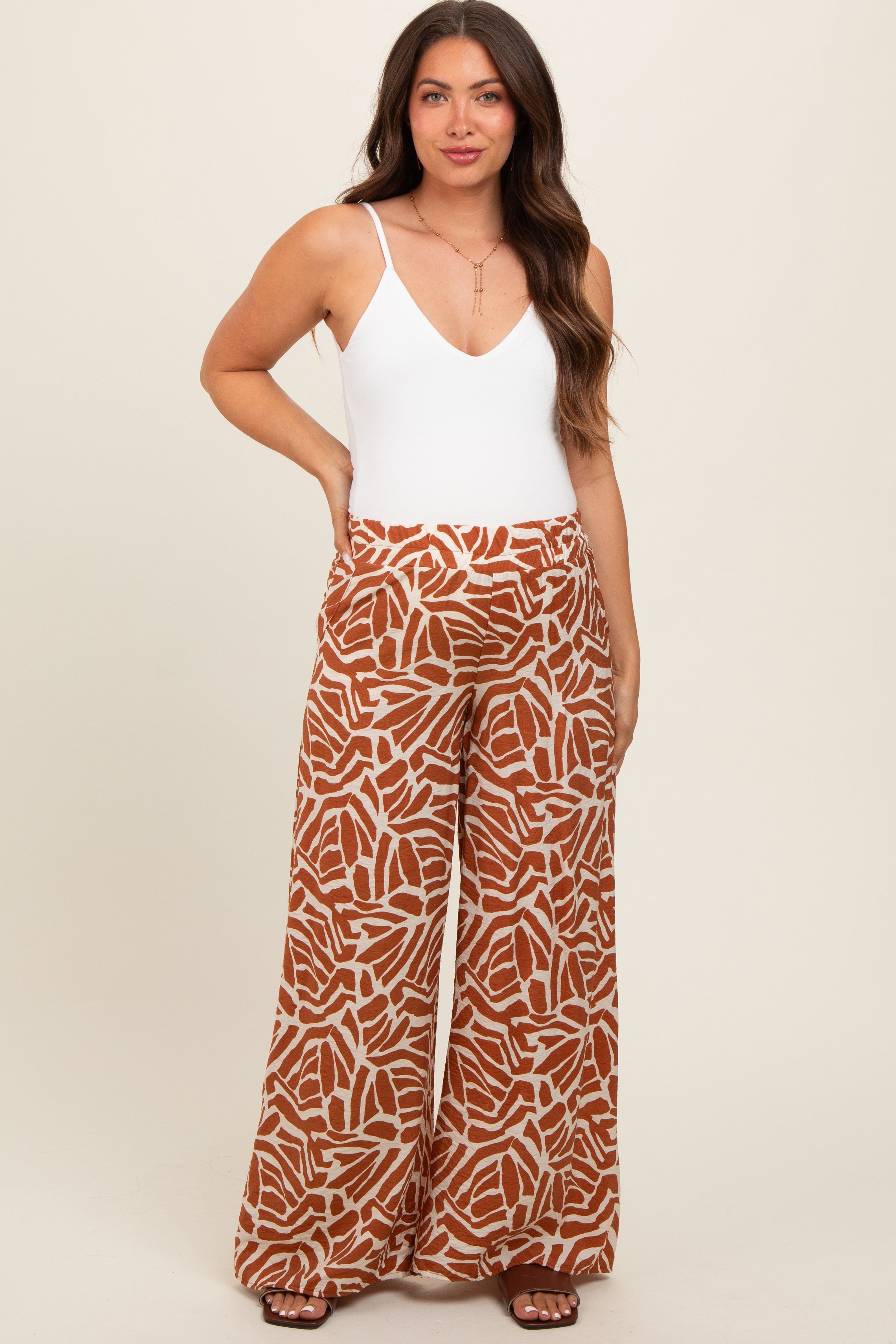 Camel Smocked Wide Leg Maternity Pants sold by Pinkblush