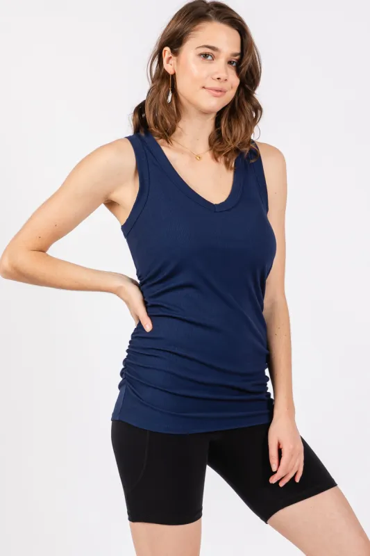 Navy Ribbed Sleeveless Ruched Tank Top sold by Pinkblush