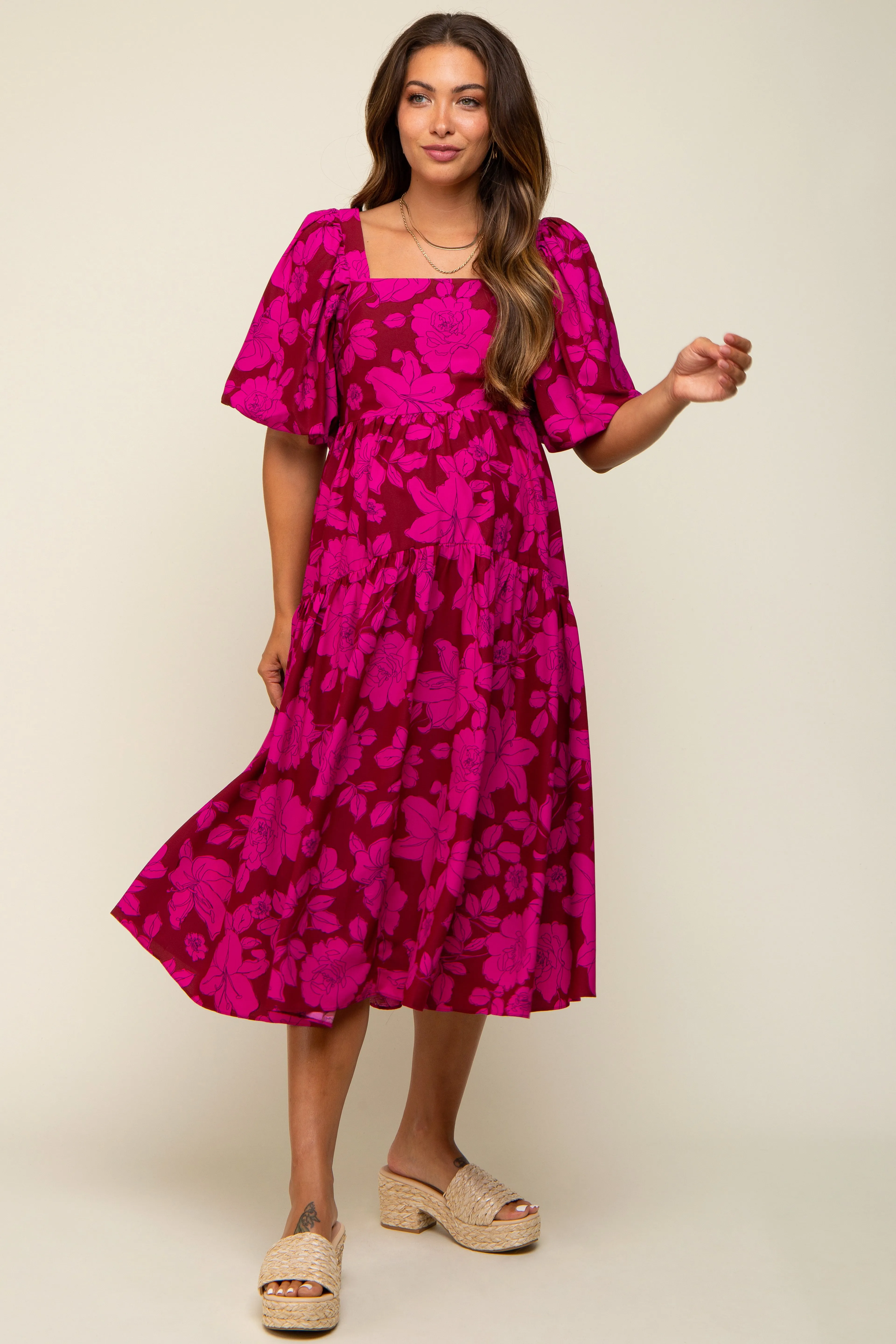 Magenta Floral Puff Sleeve Tiered Maternity Dress sold by Pinkblush product image thumbnail 4