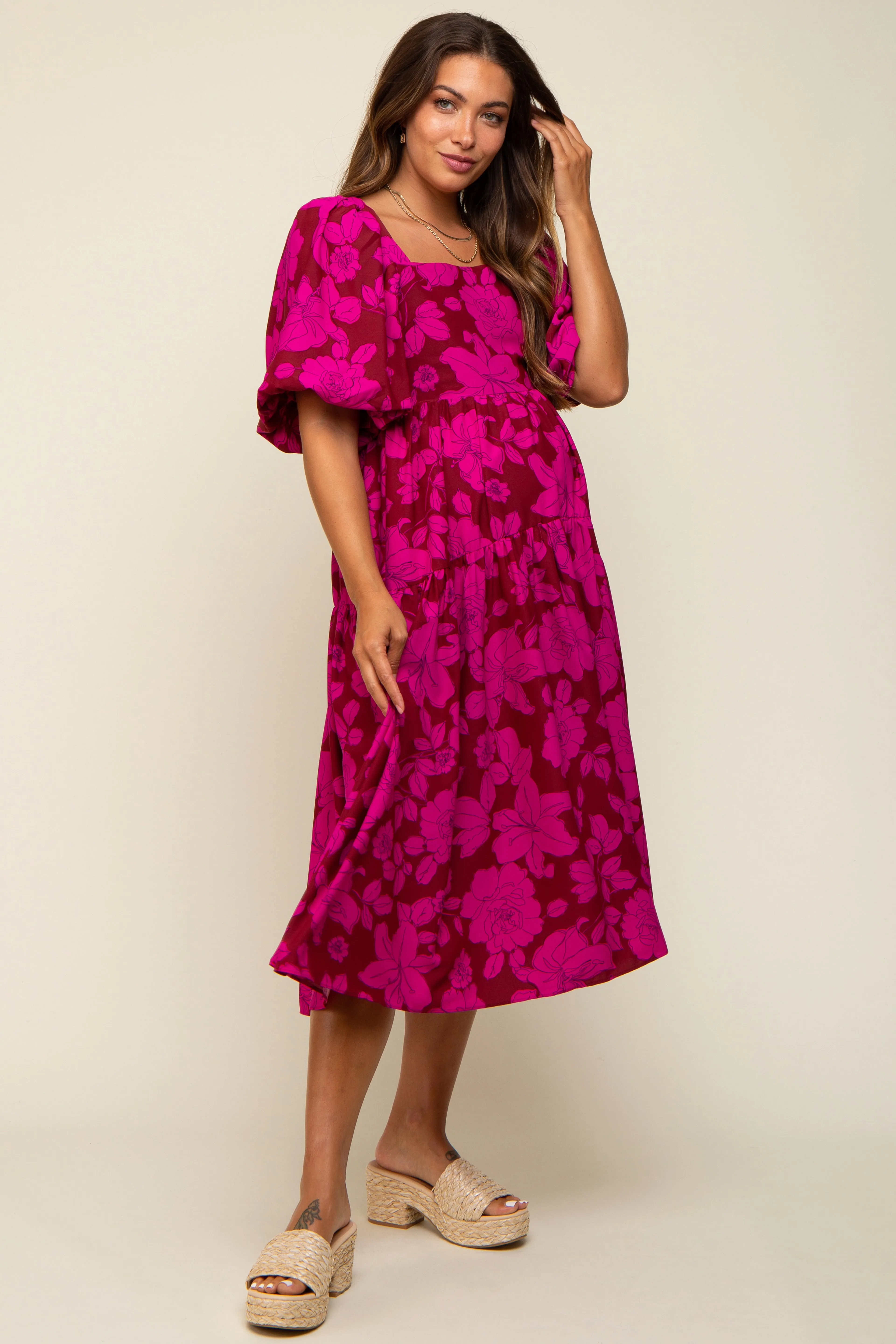 Magenta Floral Puff Sleeve Tiered Maternity Dress sold by Pinkblush