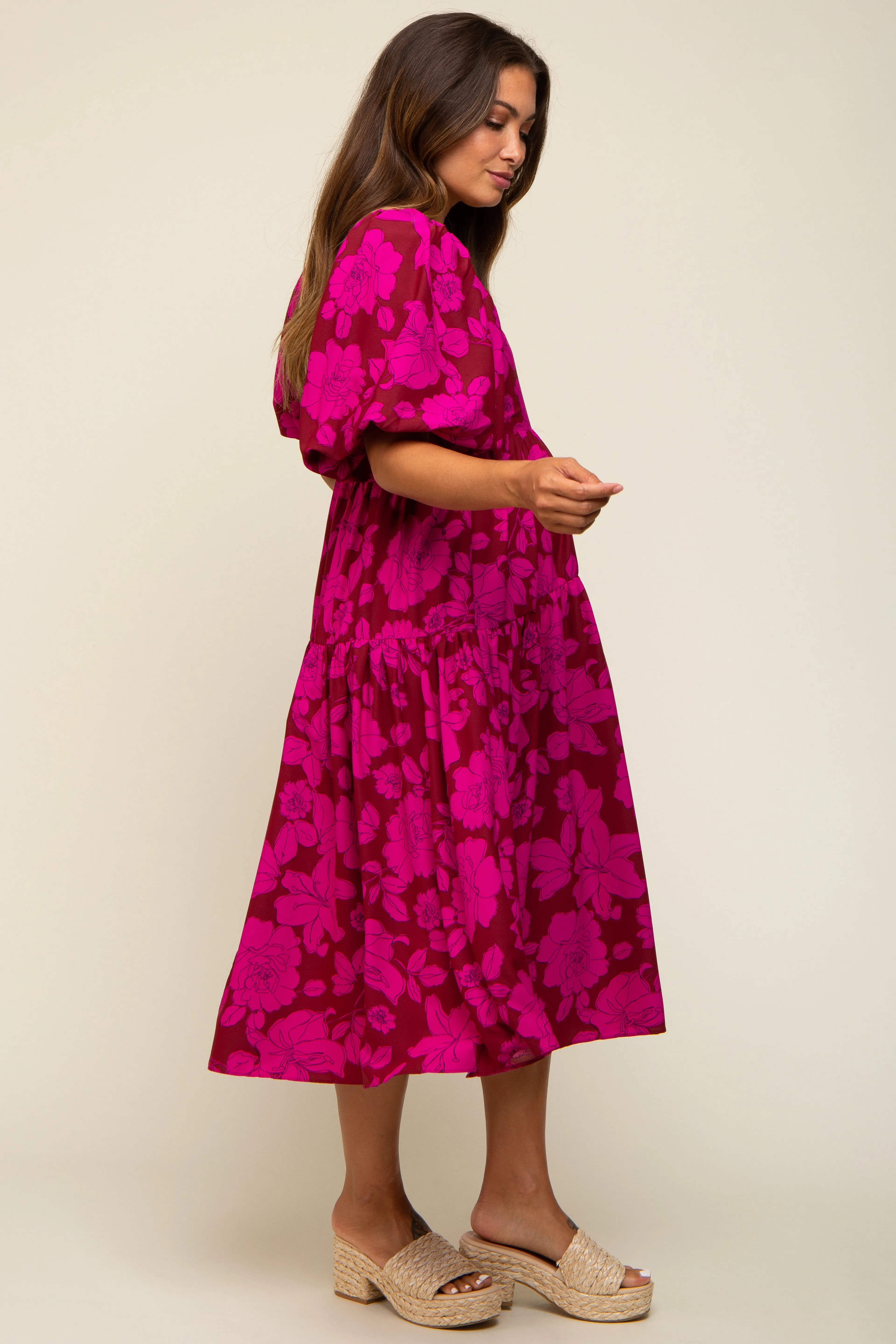 Magenta Floral Puff Sleeve Tiered Maternity Dress sold by Pinkblush product image thumbnail 2
