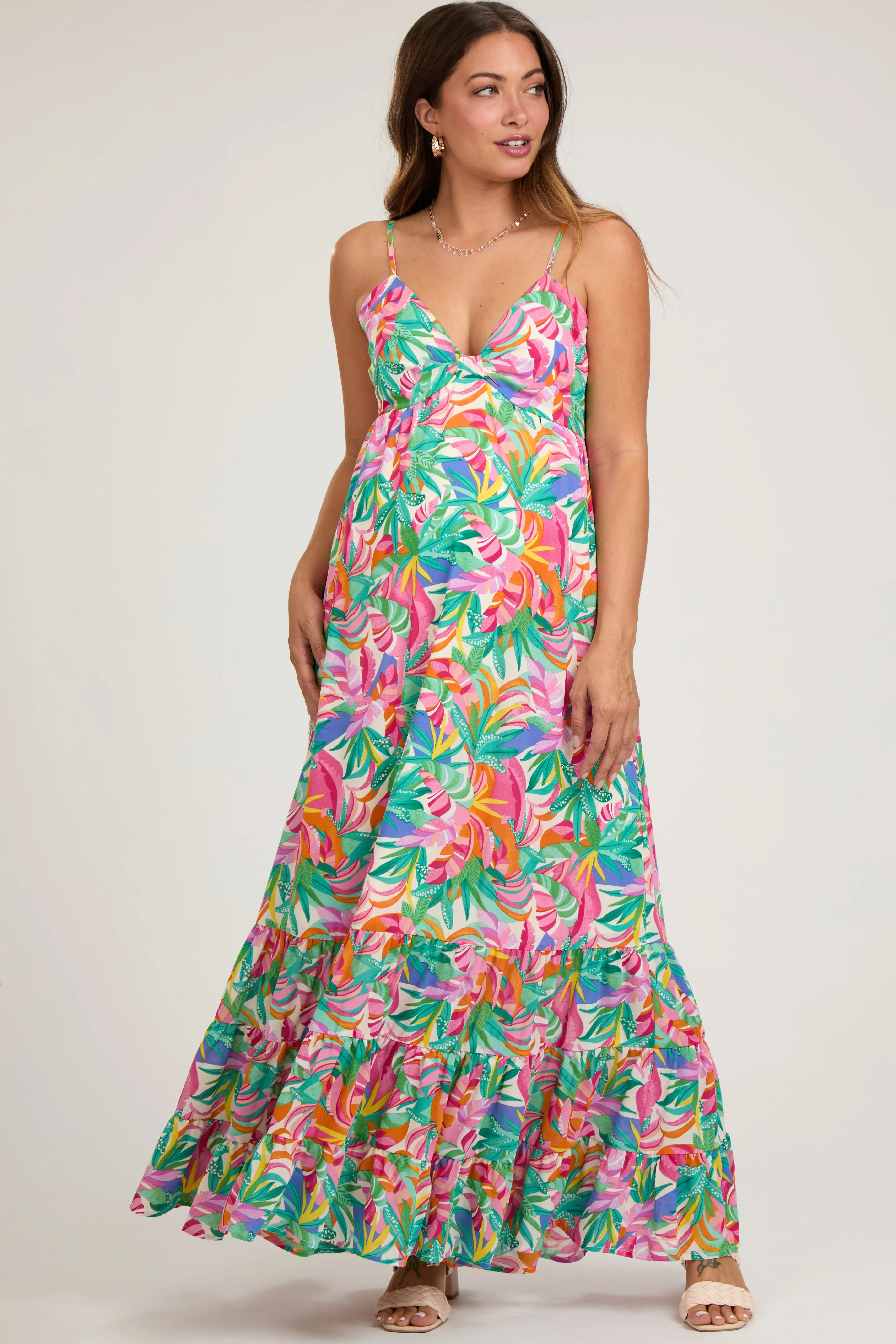 Green Floral Sleeveless Ruffle Hem Maternity Maxi Dress sold by Pinkblush