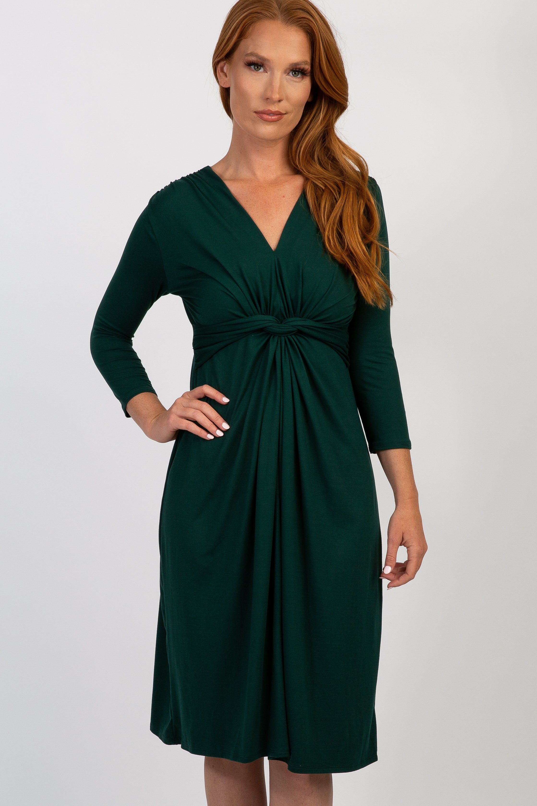 Forest Green Twist Front 3/4 Sleeve Dress sold by Pinkblush product image thumbnail 2