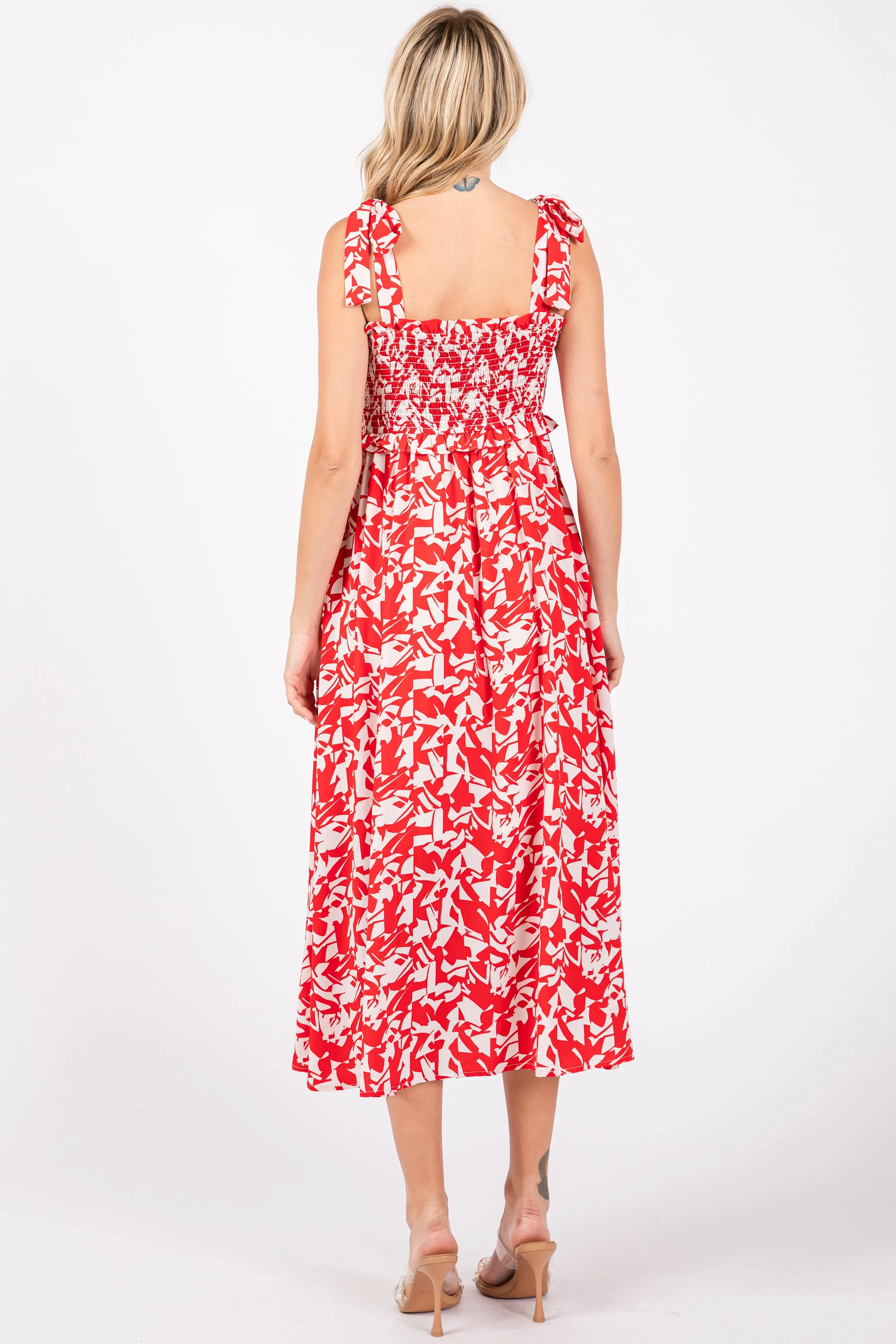 Red Printed Smocked Shoulder Tie Midi Dress sold by Pinkblush product image thumbnail 3